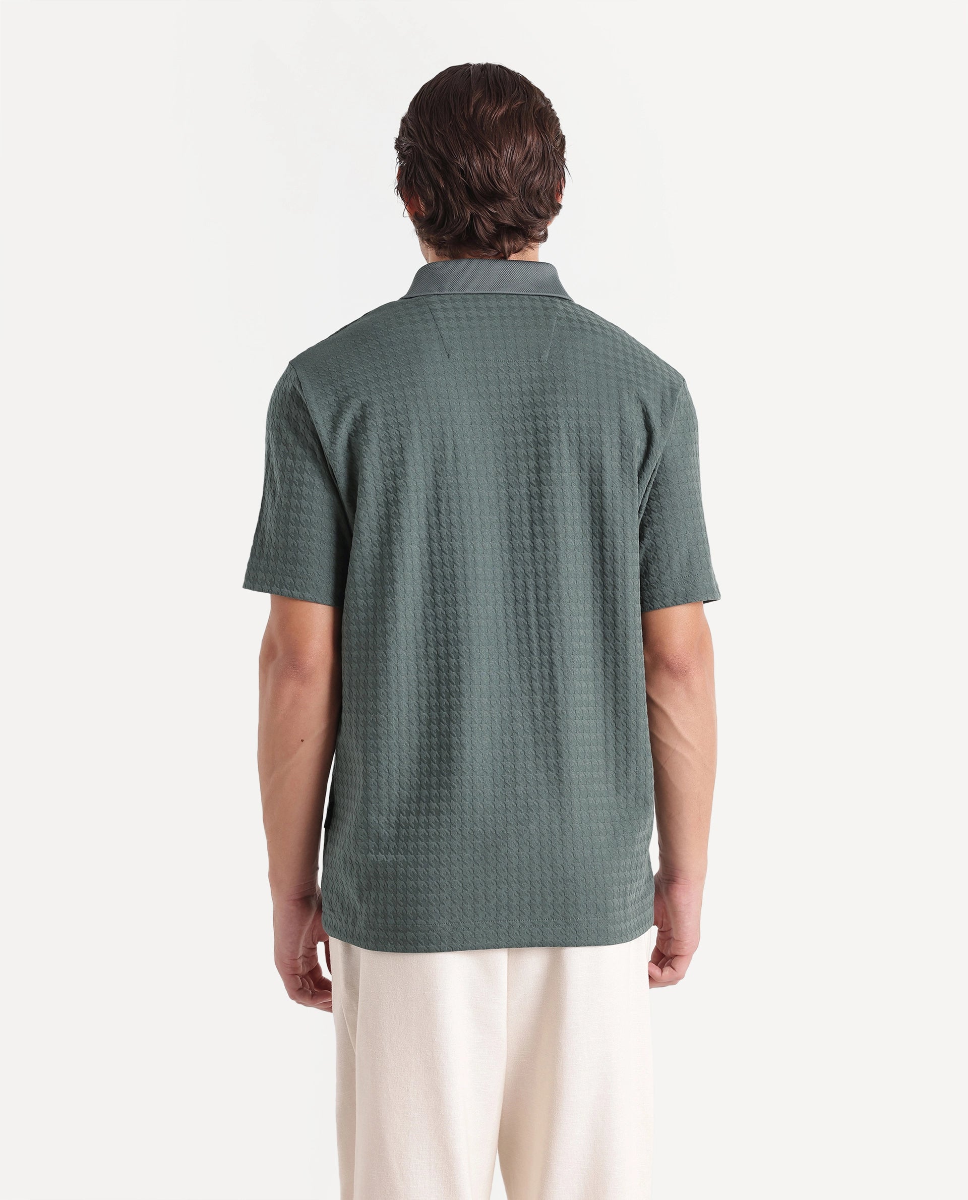 Rare Rabbit Men's Hrid Dusky Green Cotton Blend Spread Collar Regular Jacquard Polo