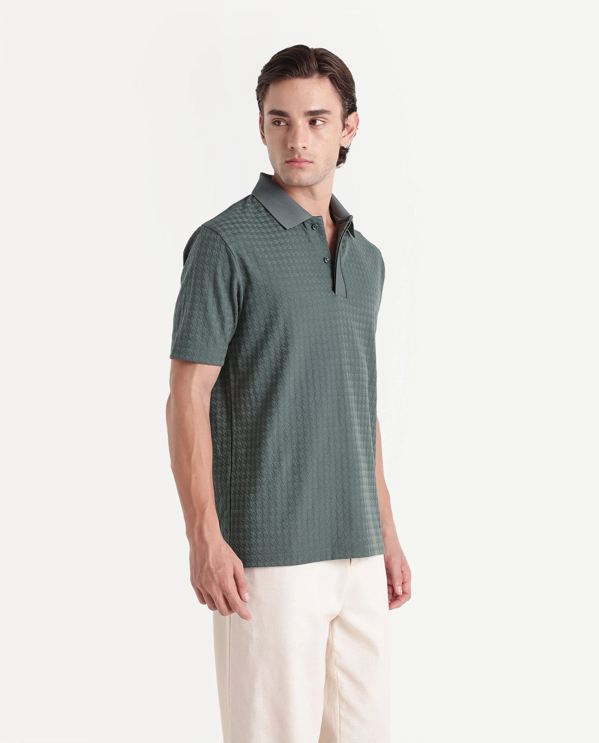 Rare Rabbit Men's Hrid Dusky Green Cotton Blend Spread Collar Regular Jacquard Polo