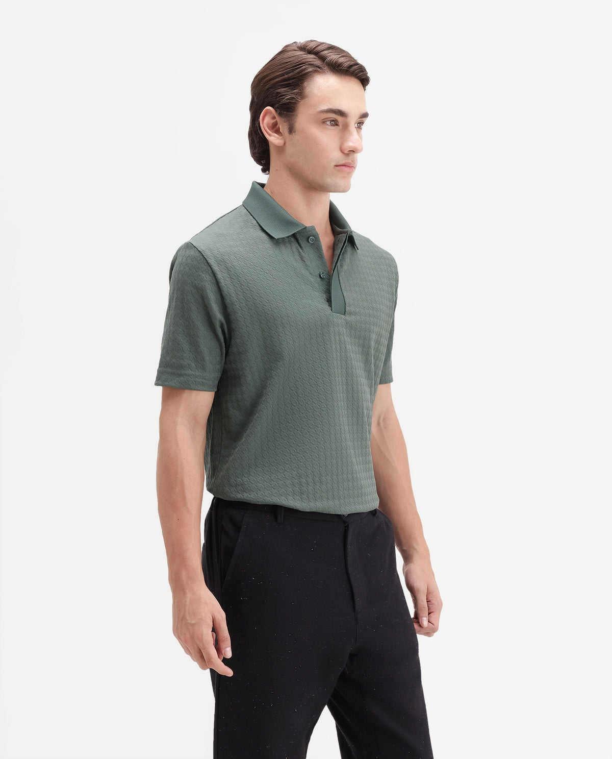 Rare Rabbit Men's Hrid Dusky Green Cotton Blend Spread Collar Regular Jacquard Polo