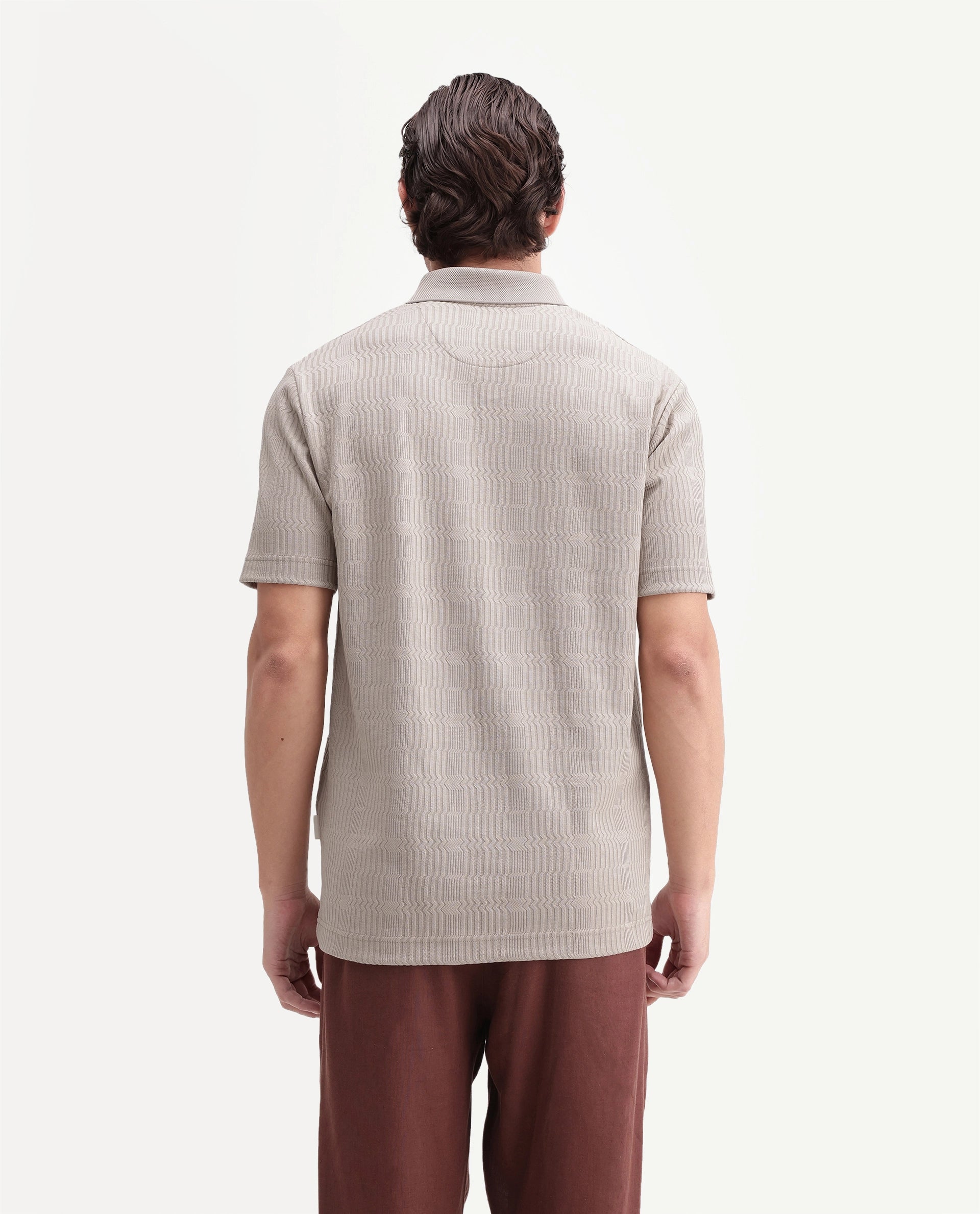 Rare Rabbit Men's Jacks Beige Cotton Blend Spread Collar Regular Jacquard Polo