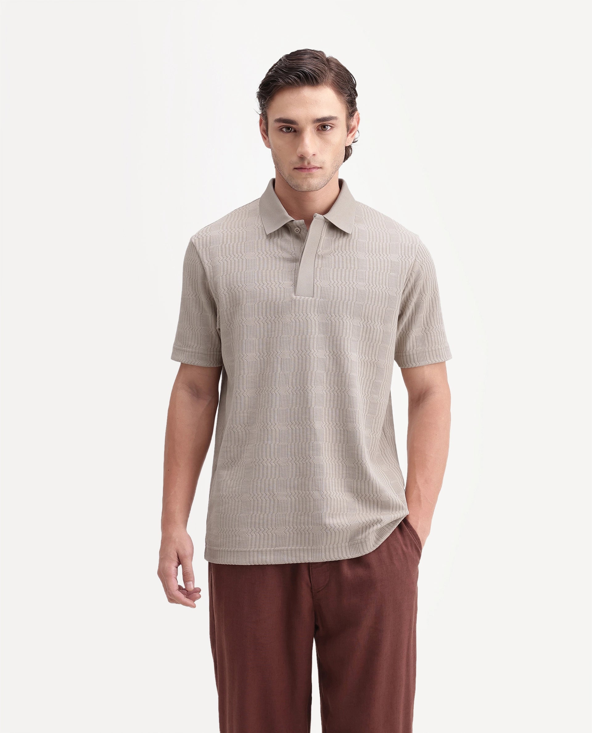 Rare Rabbit Men's Jacks Beige Cotton Blend Spread Collar Regular Jacquard Polo