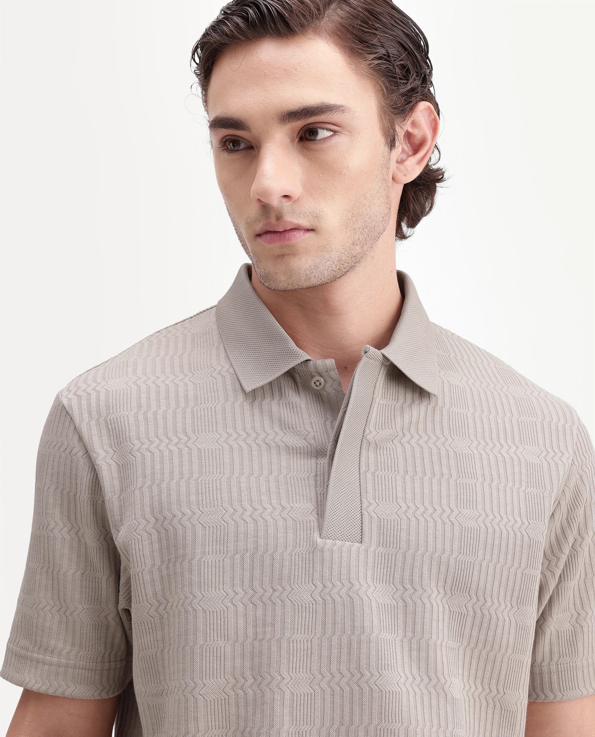Rare Rabbit Men's Jacks Beige Cotton Blend Spread Collar Regular Jacquard Polo