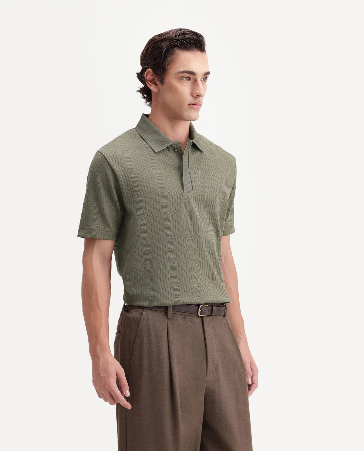 Rare Rabbit Men's Jacks Olive Cotton Blend Spread Collar Regular Jacquard Polo