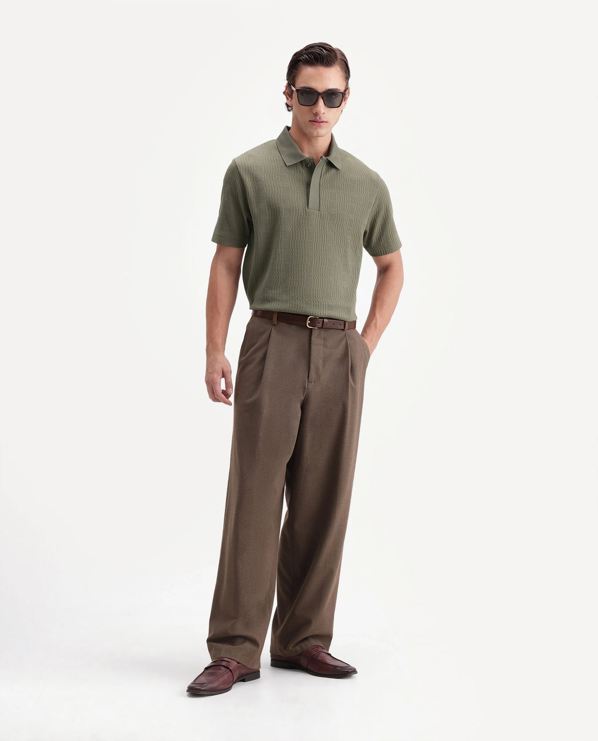 Rare Rabbit Men's Jacks Olive Cotton Blend Spread Collar Regular Jacquard Polo