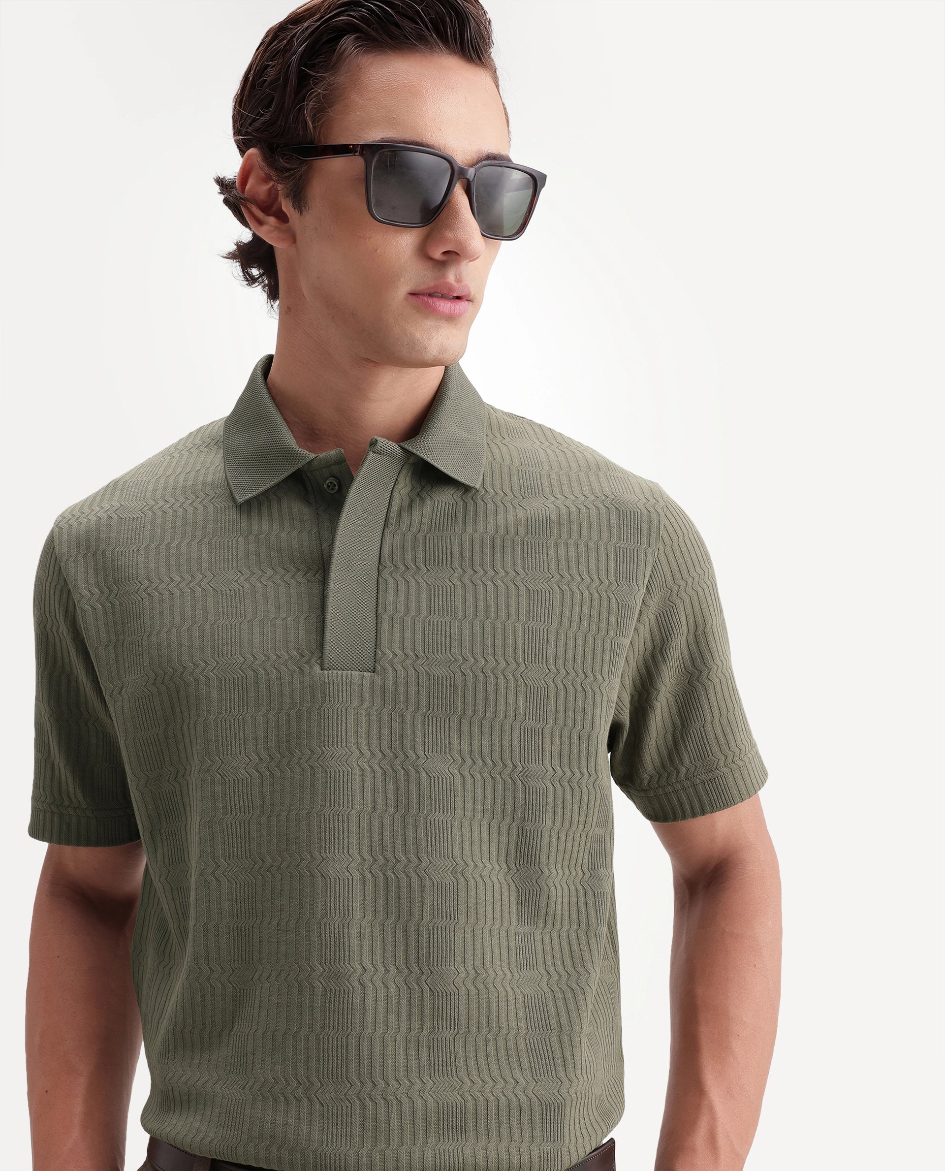 Rare Rabbit Men's Jacks Olive Cotton Blend Spread Collar Regular Jacquard Polo