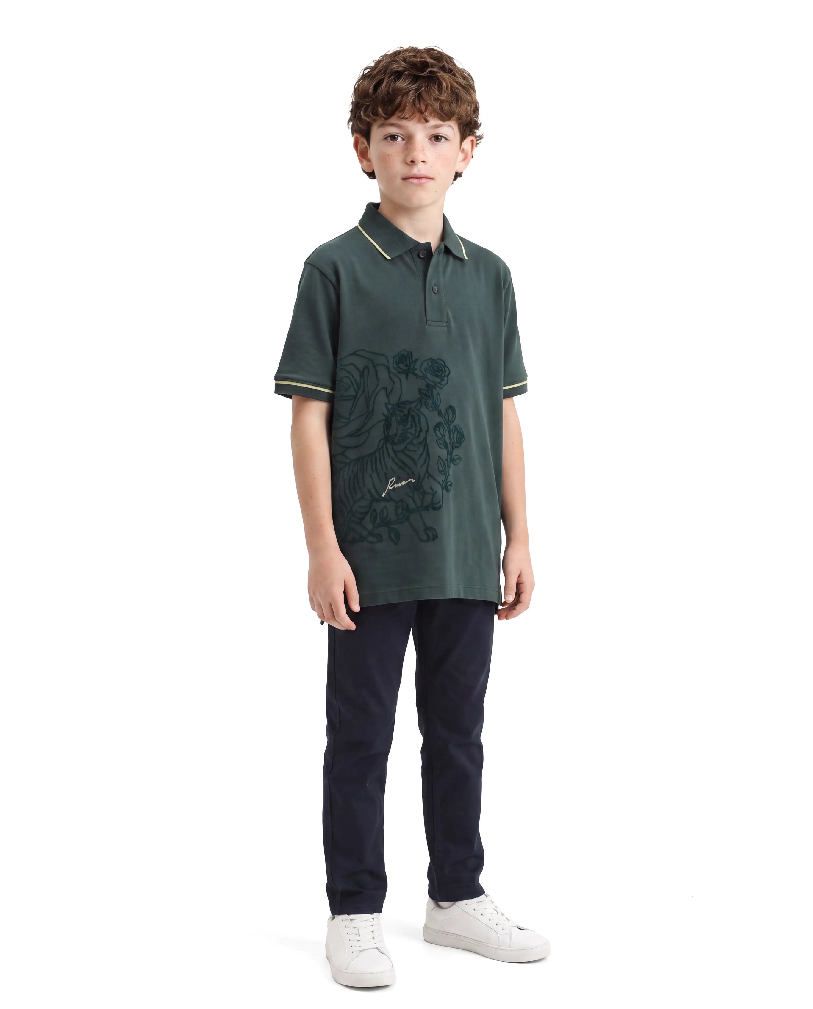 Rare Ones Kids Trax Dark Green Cotton Fabric Button Closure Regular Fit Printed Polo