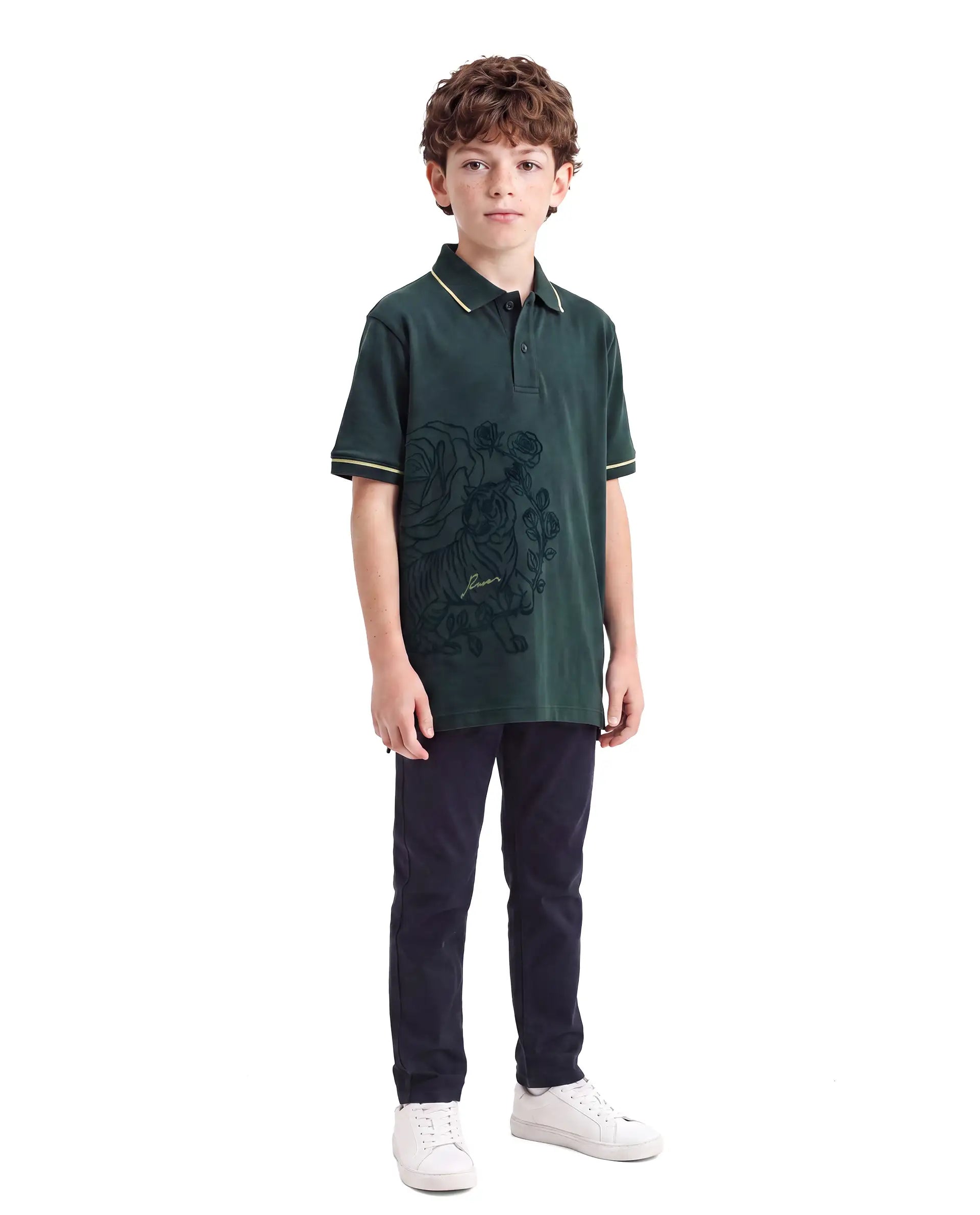 Rare Ones Kids Trax Dark Green Cotton Fabric Button Closure Regular Fit Printed Polo