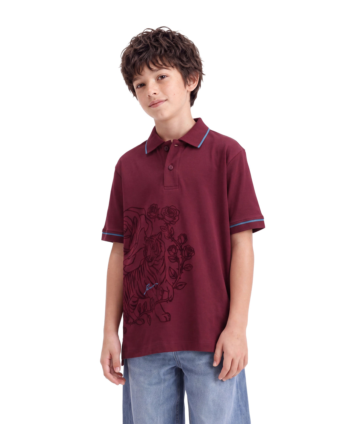 Rare Ones Kids Trax Maroon Cotton Fabric Button Closure Regular Fit Printed Polo