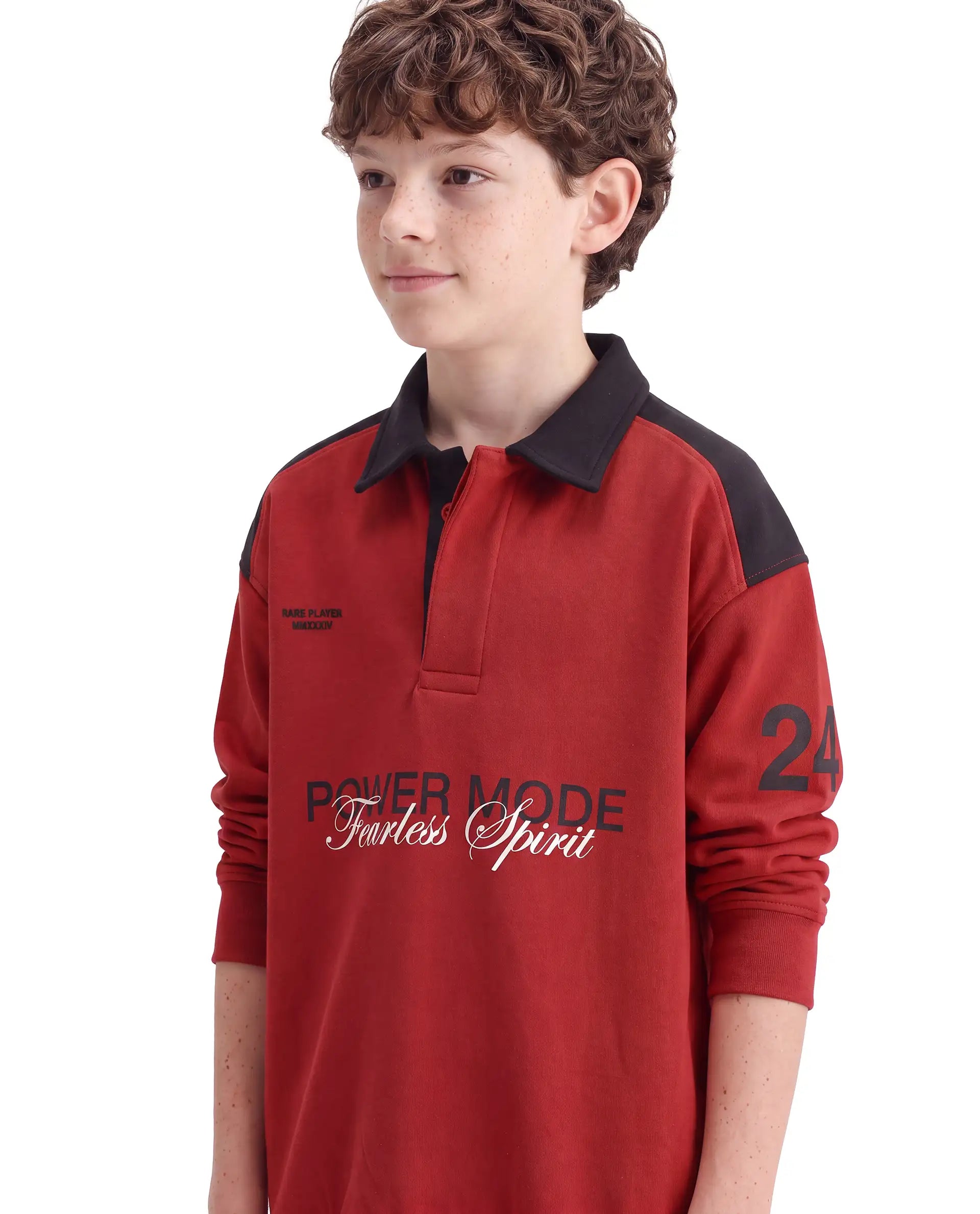 Rare Ones Kids Lars Rust Cotton Blend Fabric Spread Collar Button Closure Oversized Fit Graphic Print Polo