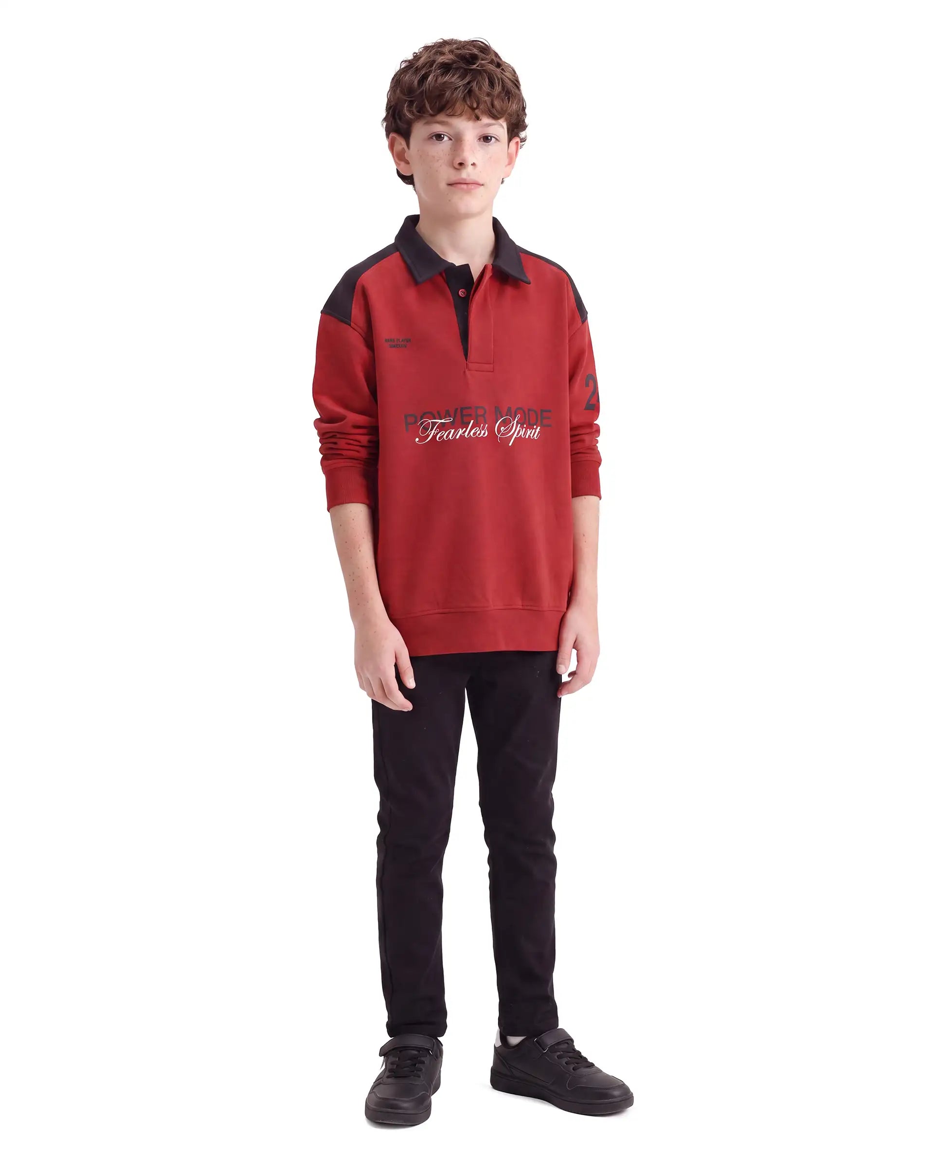 Rare Ones Kids Lars Rust Cotton Blend Fabric Spread Collar Button Closure Oversized Fit Graphic Print Polo