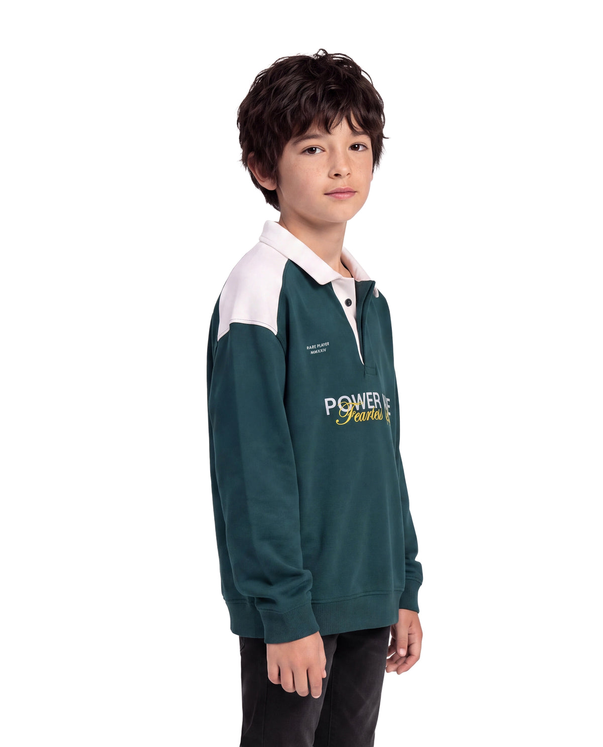 Rare Ones Kids Lars Teal Cotton Blend Fabric Spread Collar Button Closure Oversized Fit Graphic Print Polo