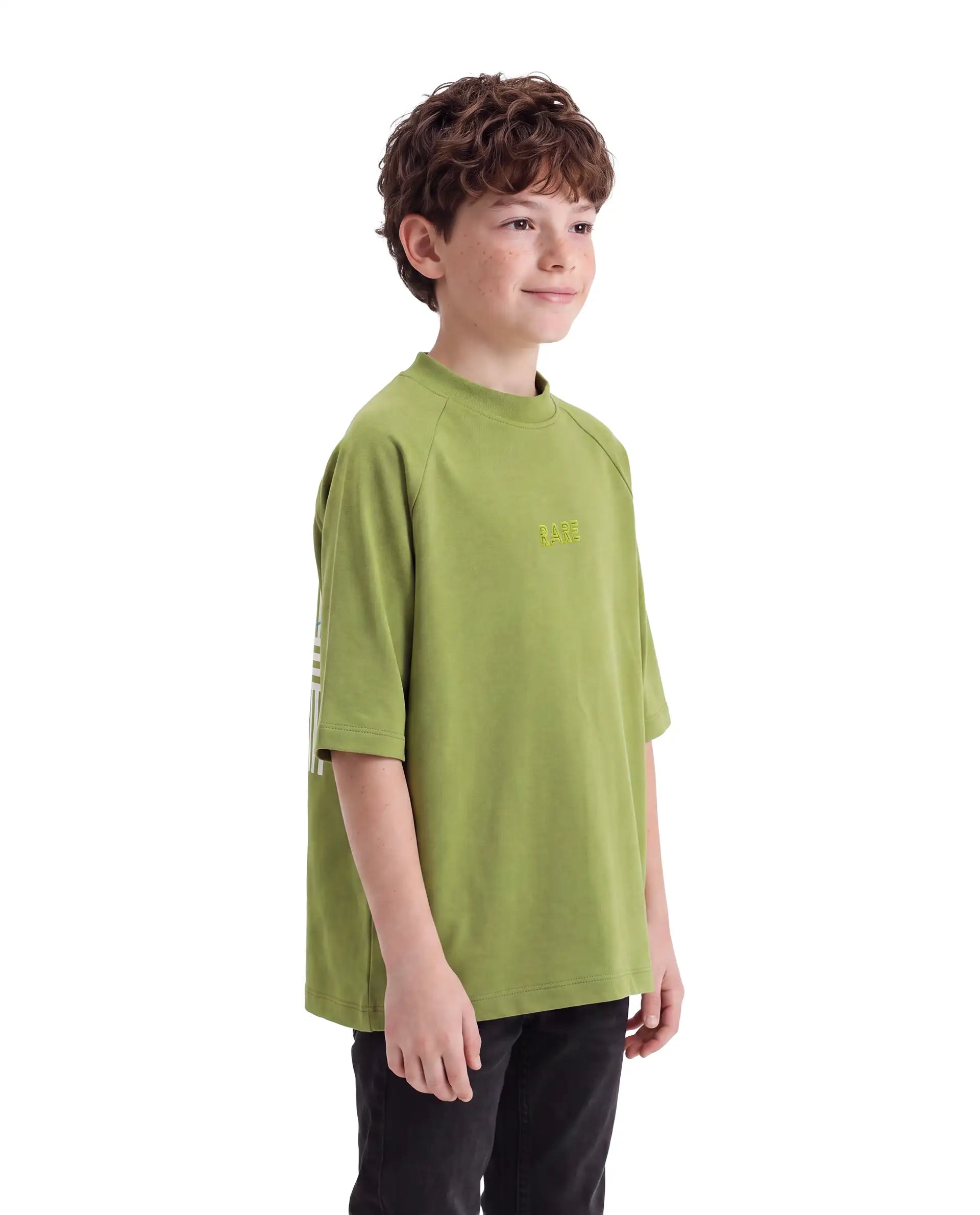 Rare Ones Kids Travis Light Olive Cotton Fabric Pull-On Oversized Fit Graphic Print T-Shirt