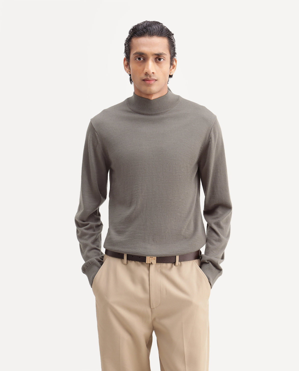 Rare Rabbit Men's Bren Dark Beige Acrylic Blend Regular Fit Sweater