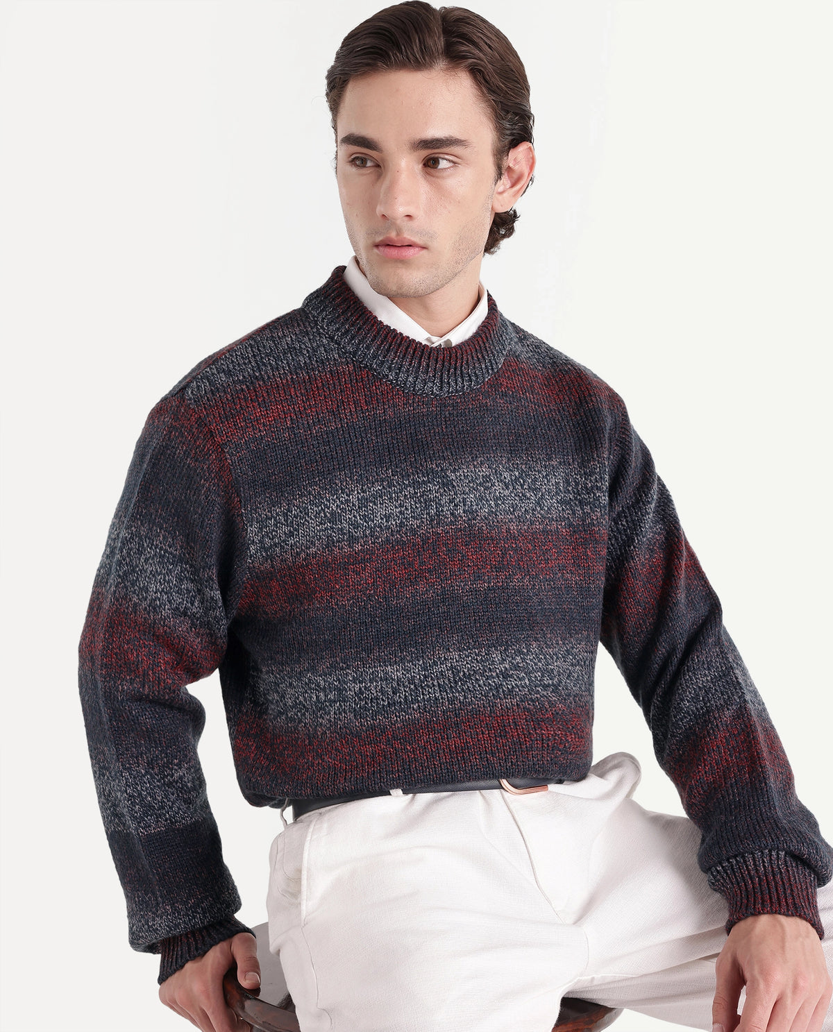 Rare Rabbit Men's Tams Navy Acrylic Regular Fit Striped Sweater