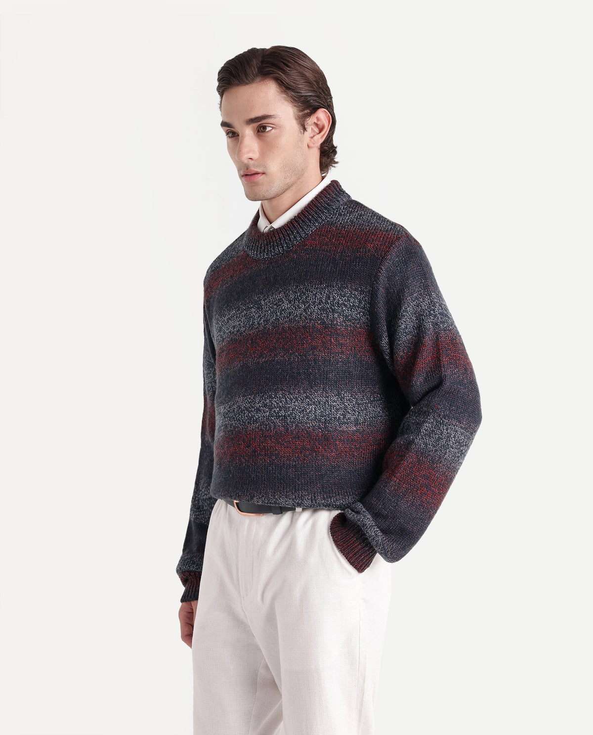 Rare Rabbit Men's Tams Navy Acrylic Regular Fit Striped Sweater