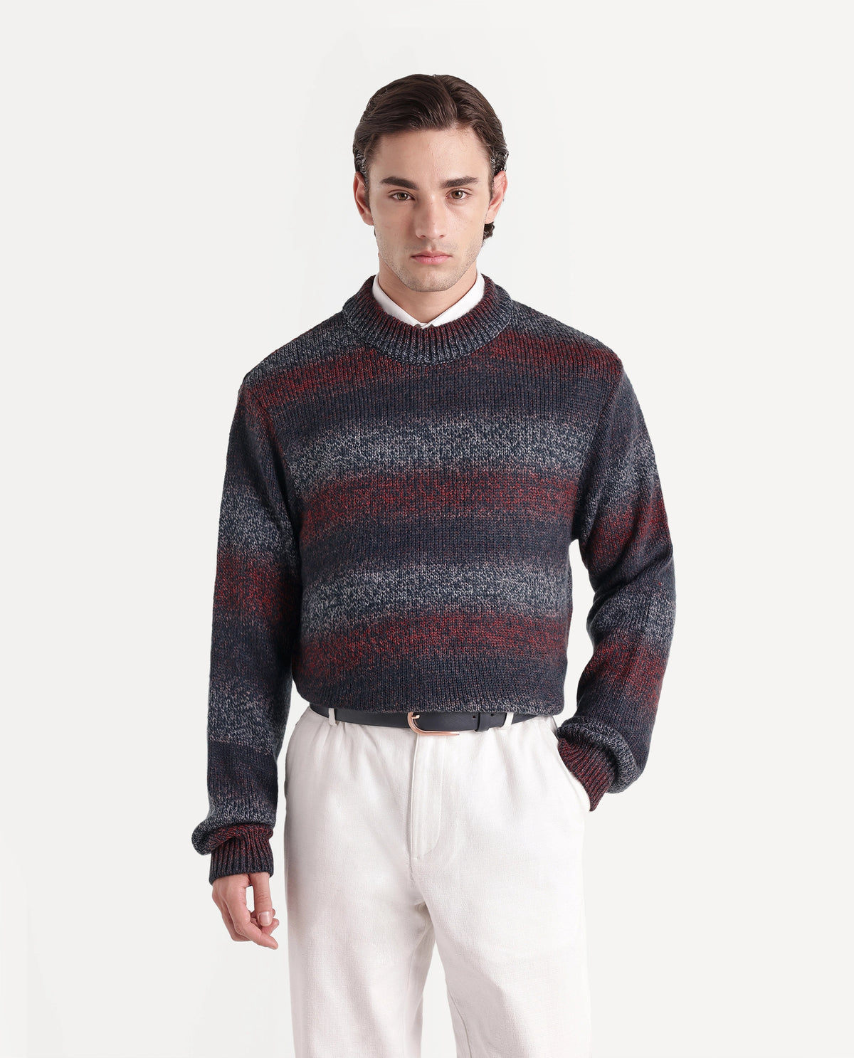 Rare Rabbit Men's Tams Navy Acrylic Regular Fit Striped Sweater