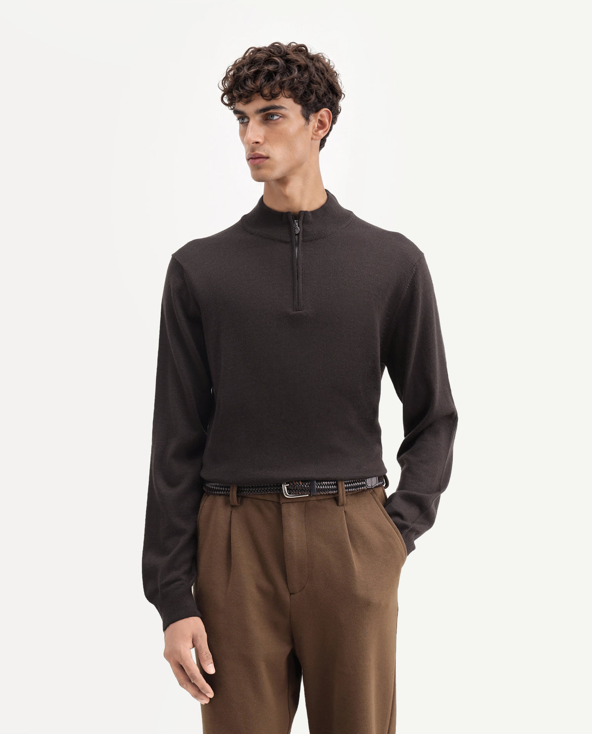 Rare Rabbit Men's Niff Dark Brown Acrylic Blend Zipper Regular Fit Sweater