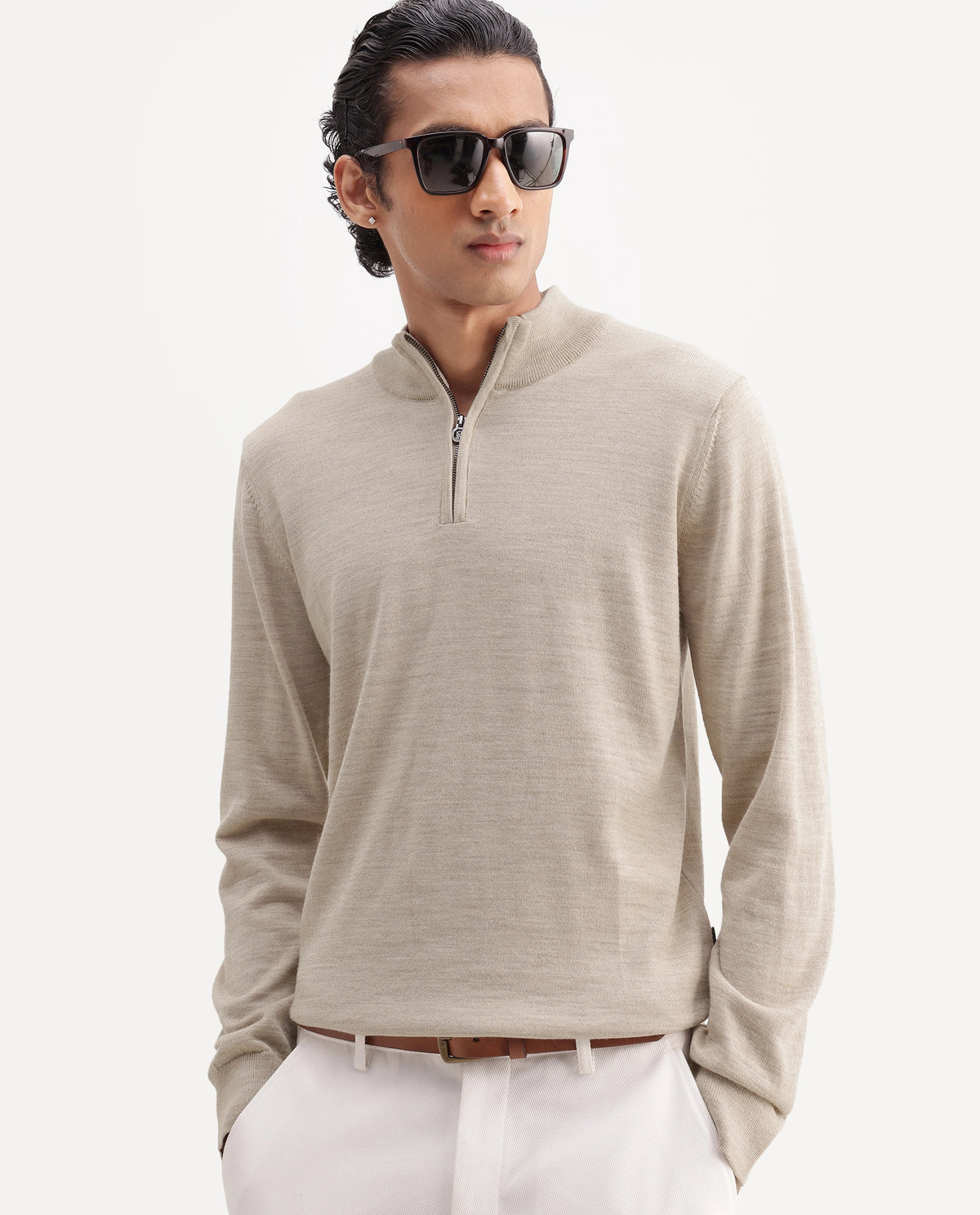 Rare Rabbit Men's Niff Beige Acrylic Blend Zipper Regular Fit Sweater