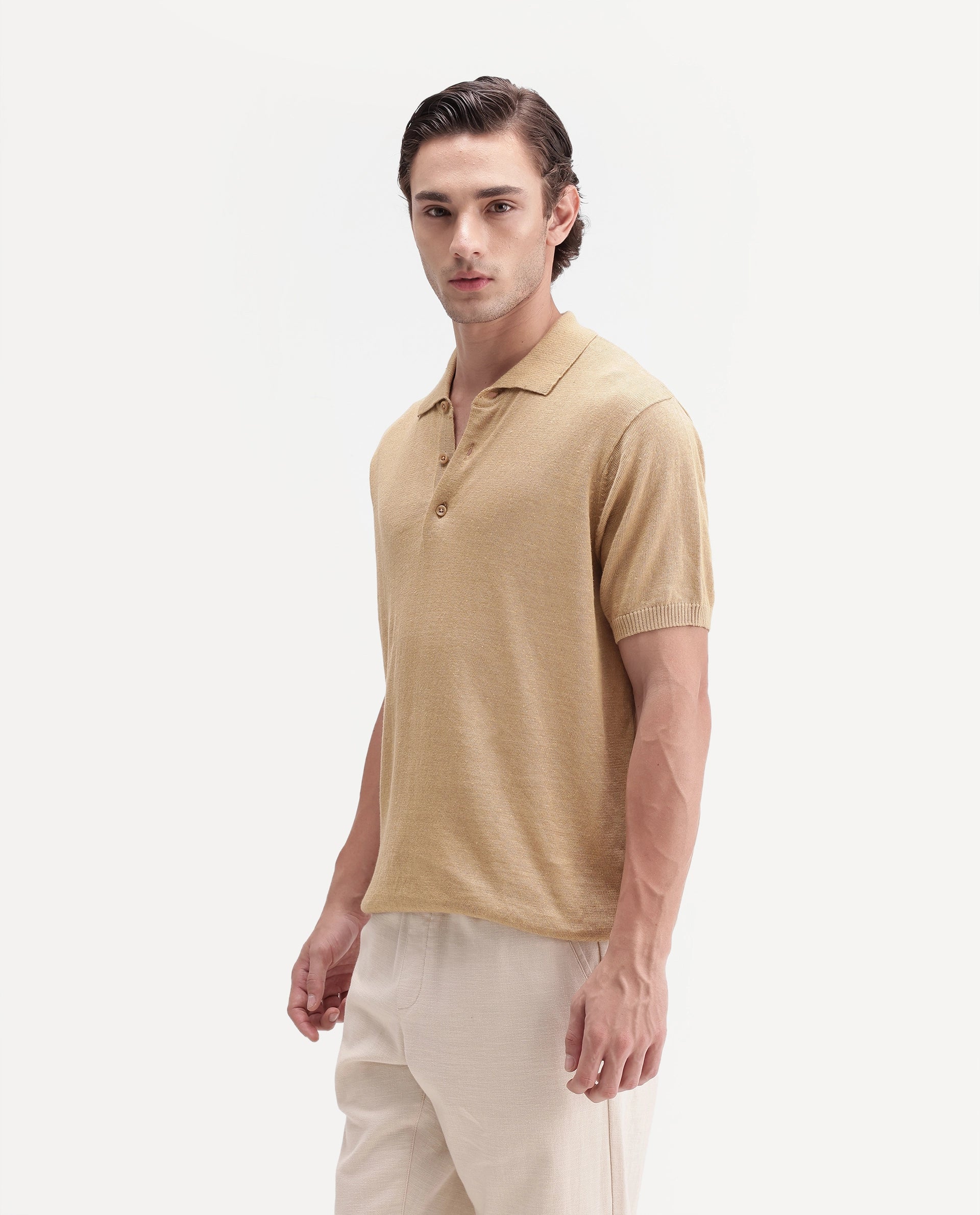 Rare Rabbit Men's Mekko-Aw26 Dusky Yellow Linen Blend Button Regular Fit Polo