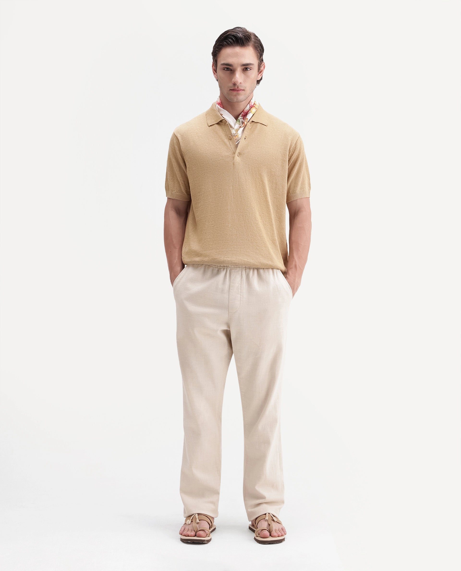 Rare Rabbit Men's Mekko-Aw26 Dusky Yellow Linen Blend Button Regular Fit Polo