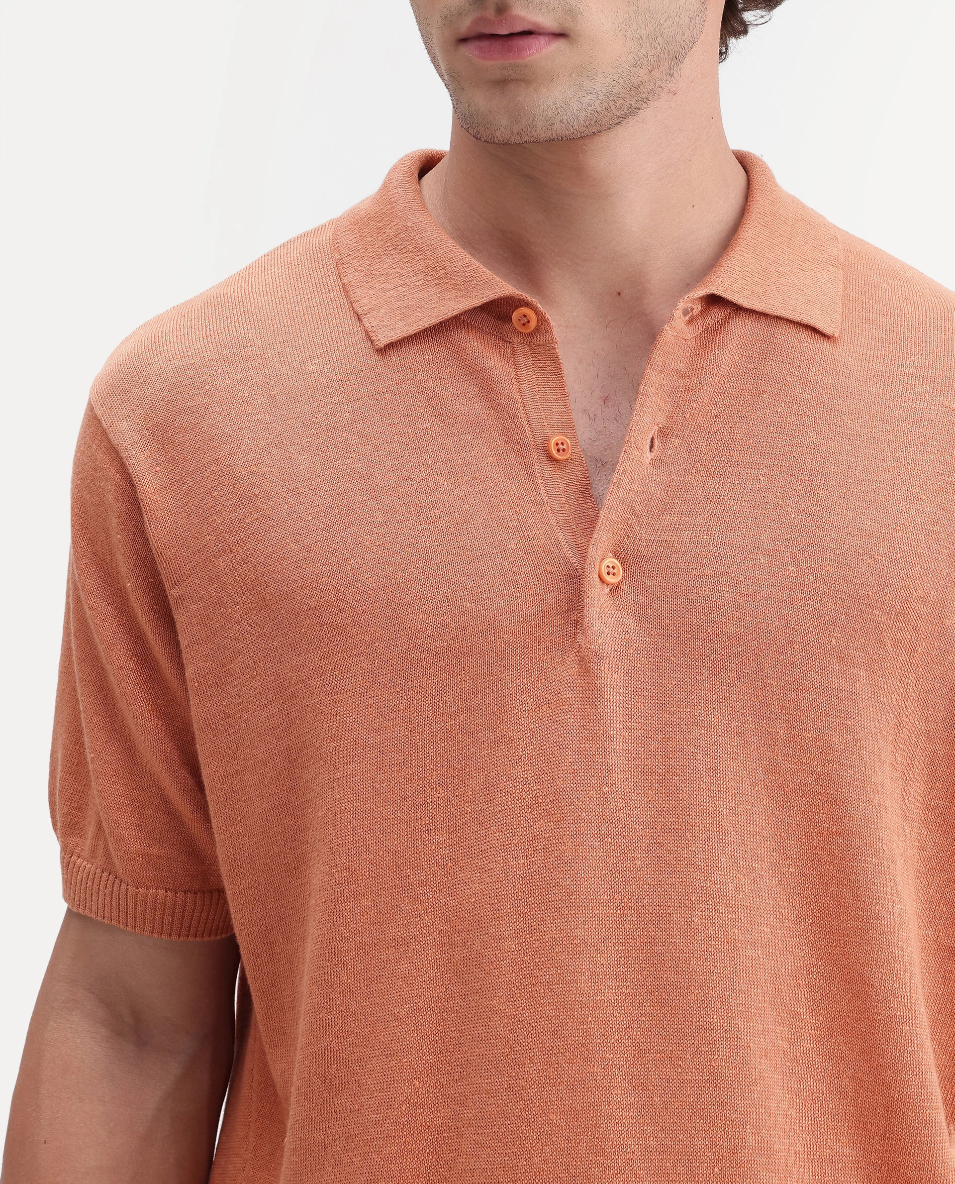 Rare Rabbit Men's Mekko-Aw26 Light Orange Linen Blend Button Regular Fit Polo