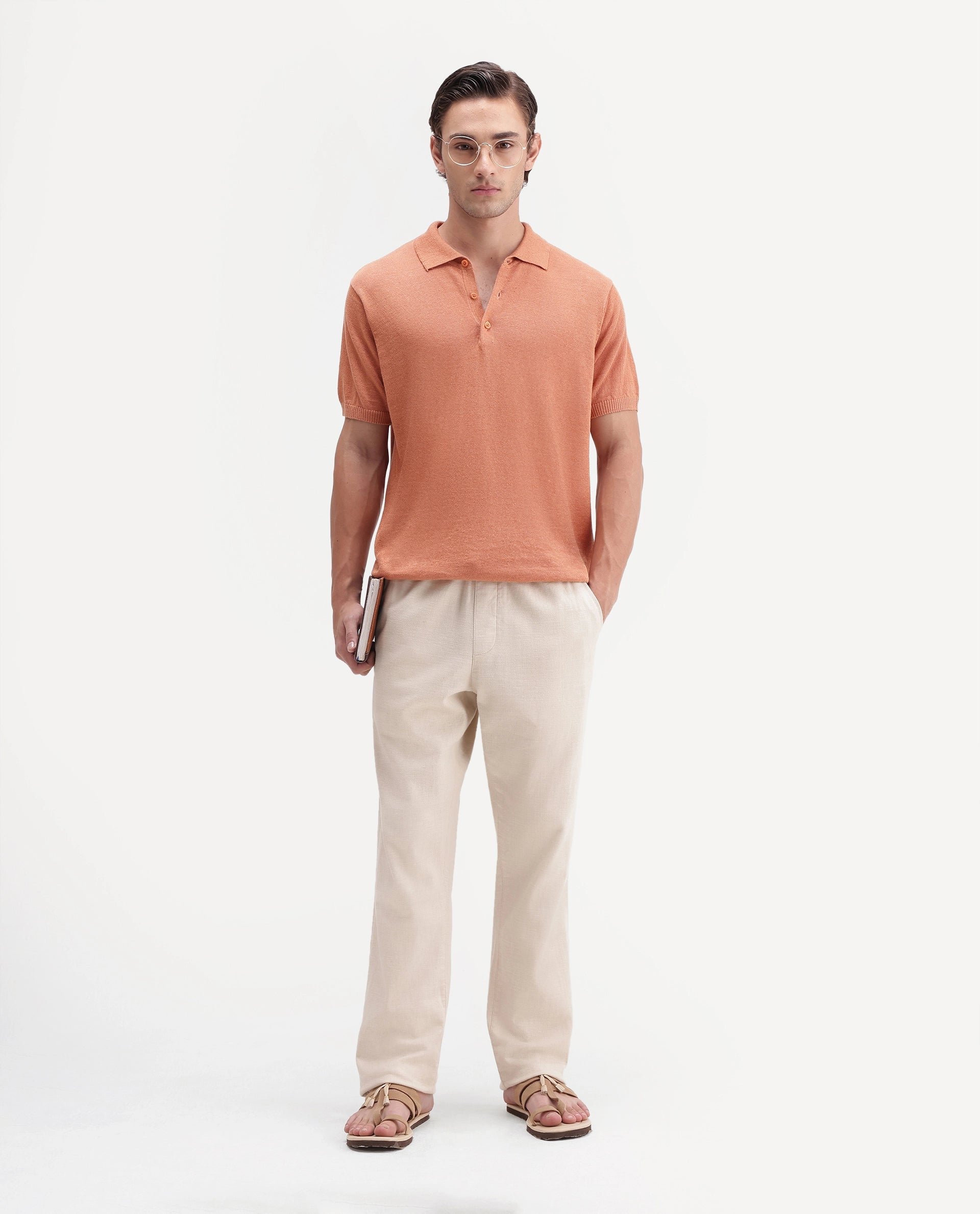 Rare Rabbit Men's Mekko-Aw26 Light Orange Linen Blend Button Regular Fit Polo