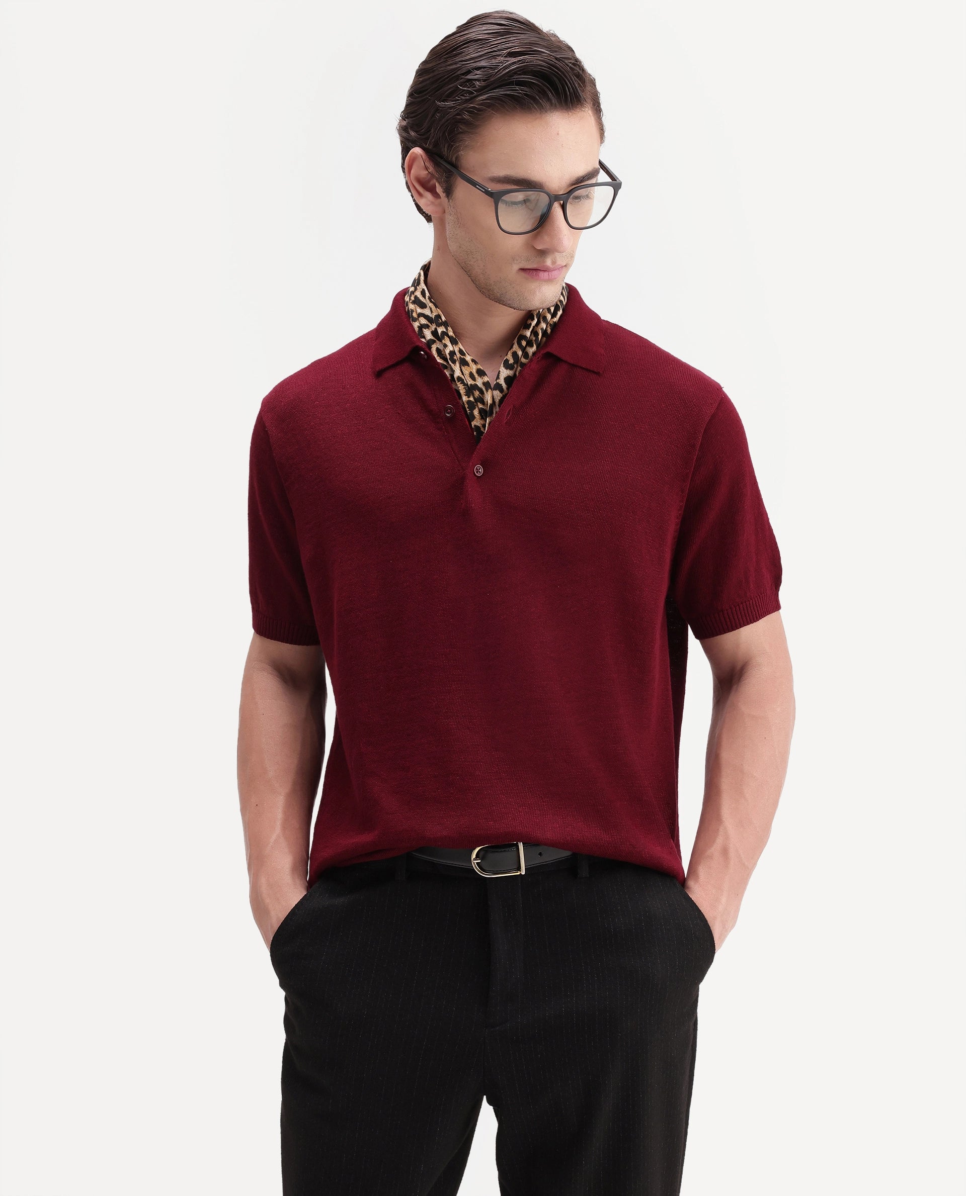 Rare Rabbit Men's Mekko-Aw26 Dark Red Linen Blend Button Regular Fit Polo