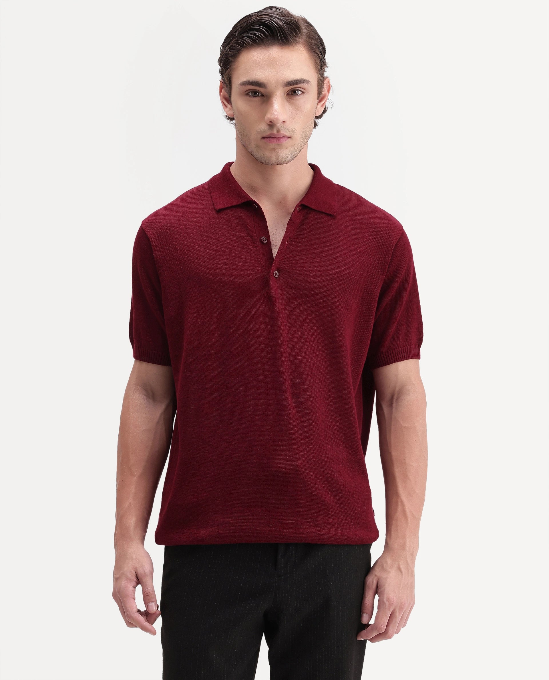 Rare Rabbit Men's Mekko-Aw26 Dark Red Linen Blend Button Regular Fit Polo