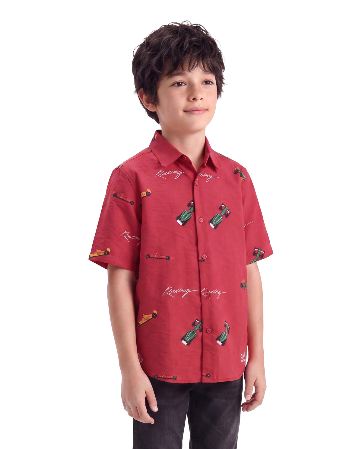 Rare Ones Kids Trian Dark Red Viscose Blend Fabric Button Closure Regular Fit Digital Print Shirt
