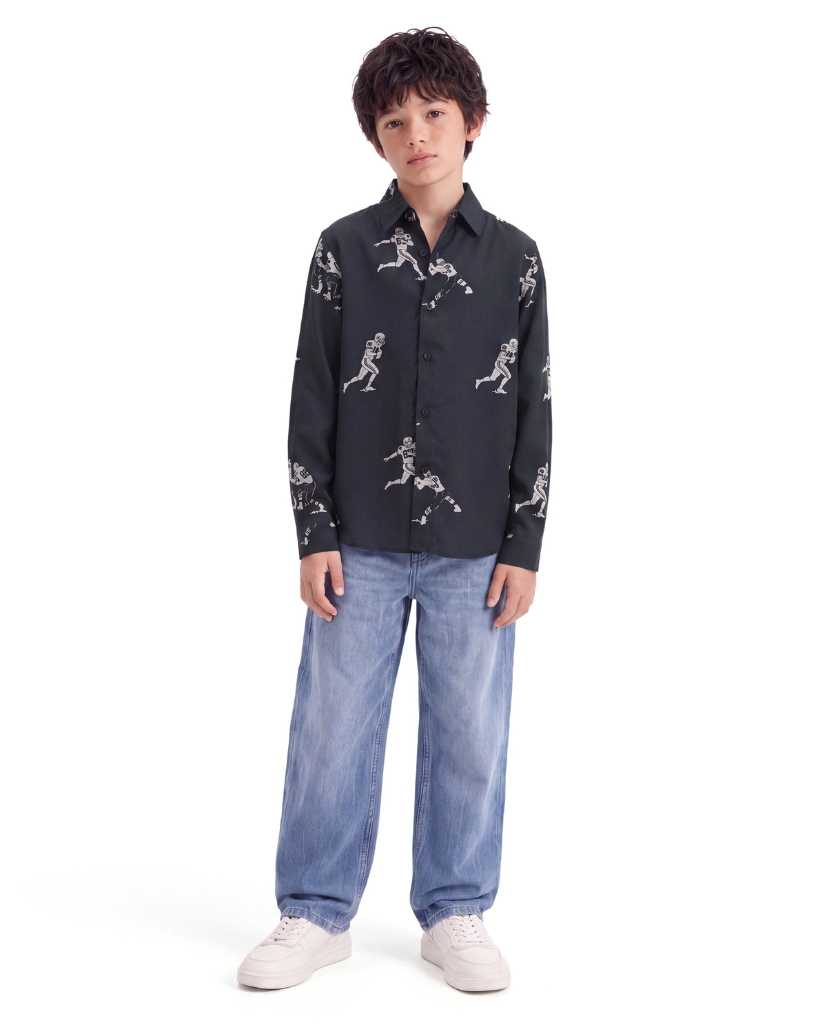 Rare Ones Kids Rugg Dark Navy Viscose Fabric Button Closure Regular Fit Digital Print Shirt