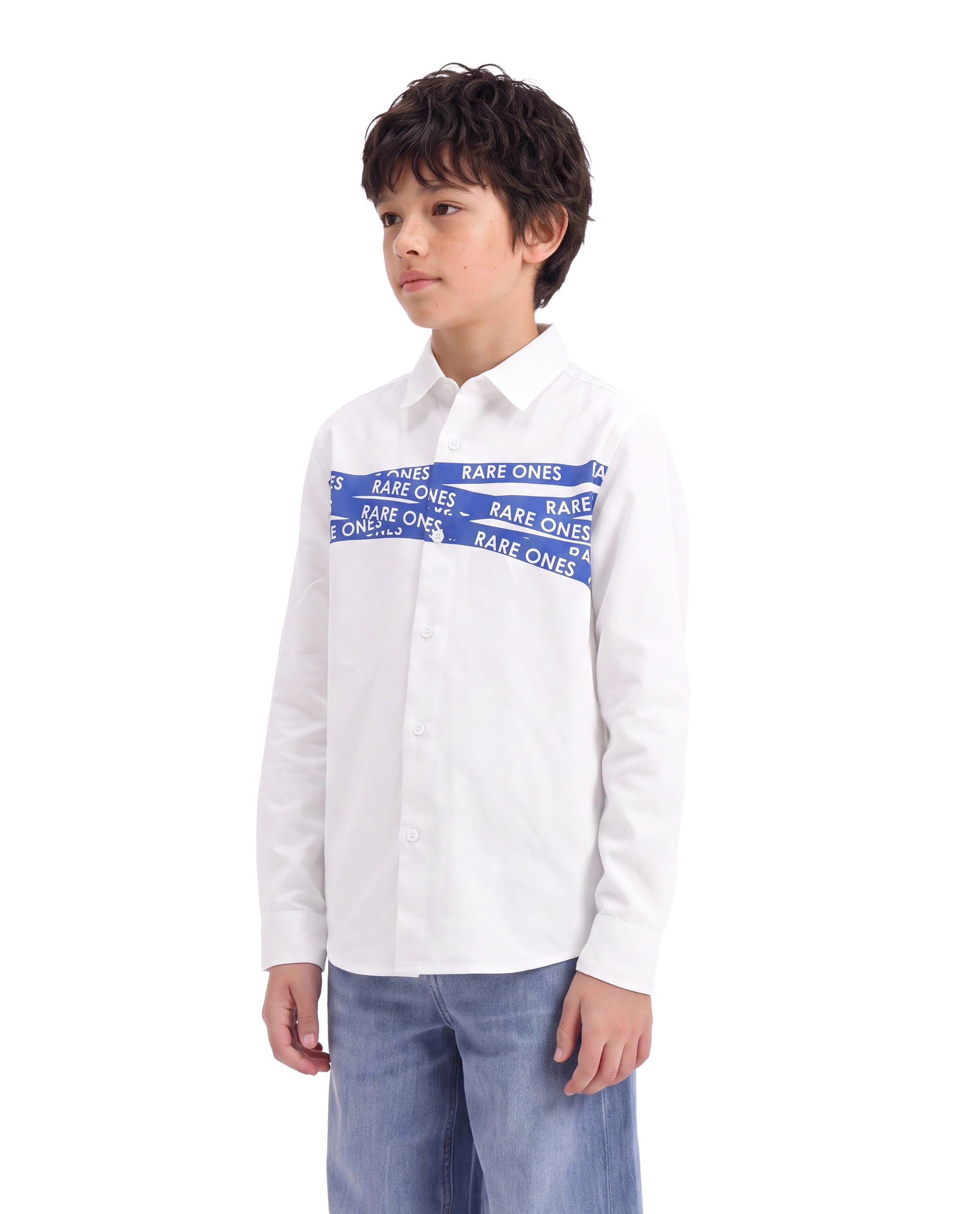 Rare Ones Kids Igno White Cotton Fabric Button Closure Regular Fit Typography Shirt