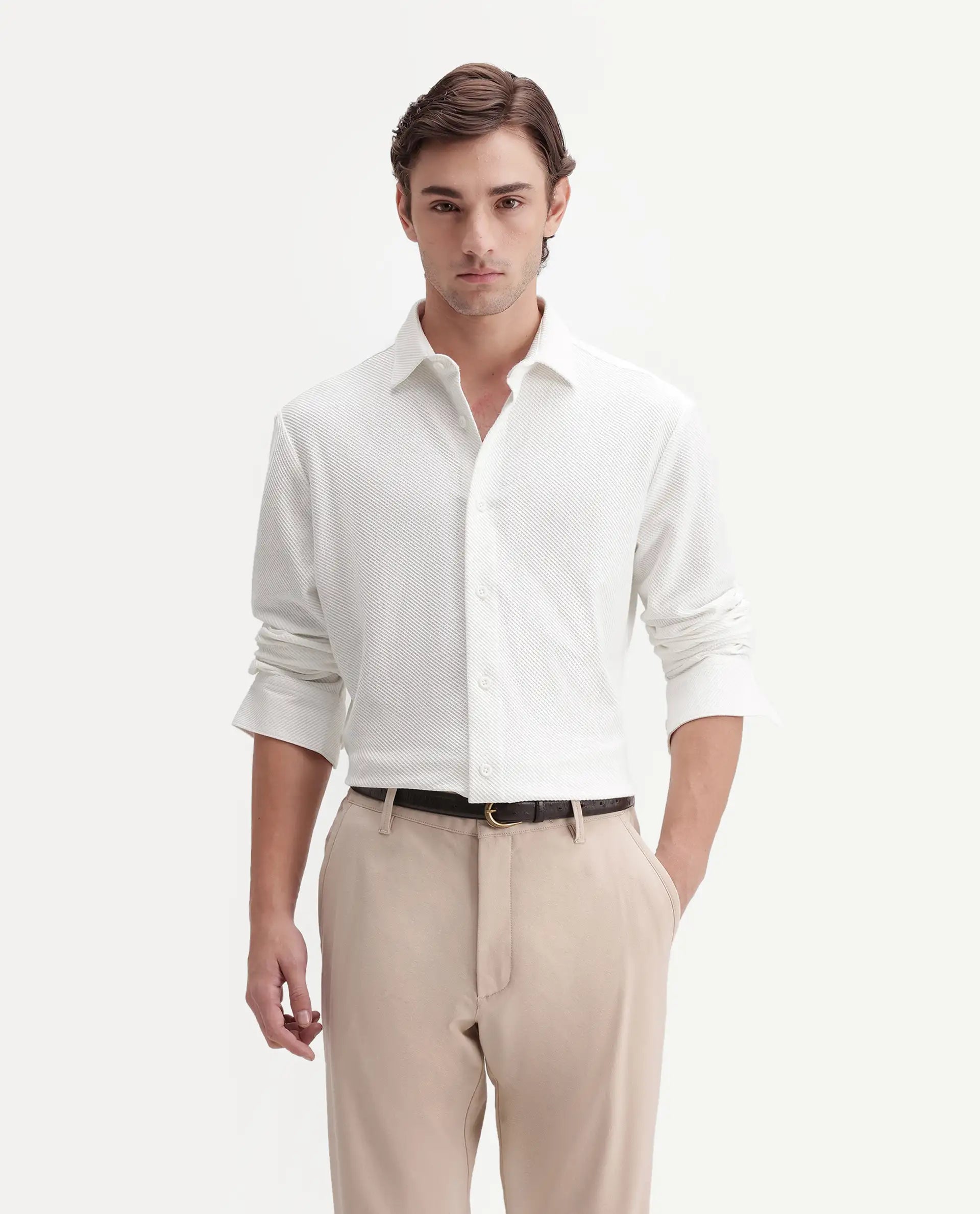 Rare Rabbit Men's Elk White Cotton Button Regular Fit Jcaquard Shirt