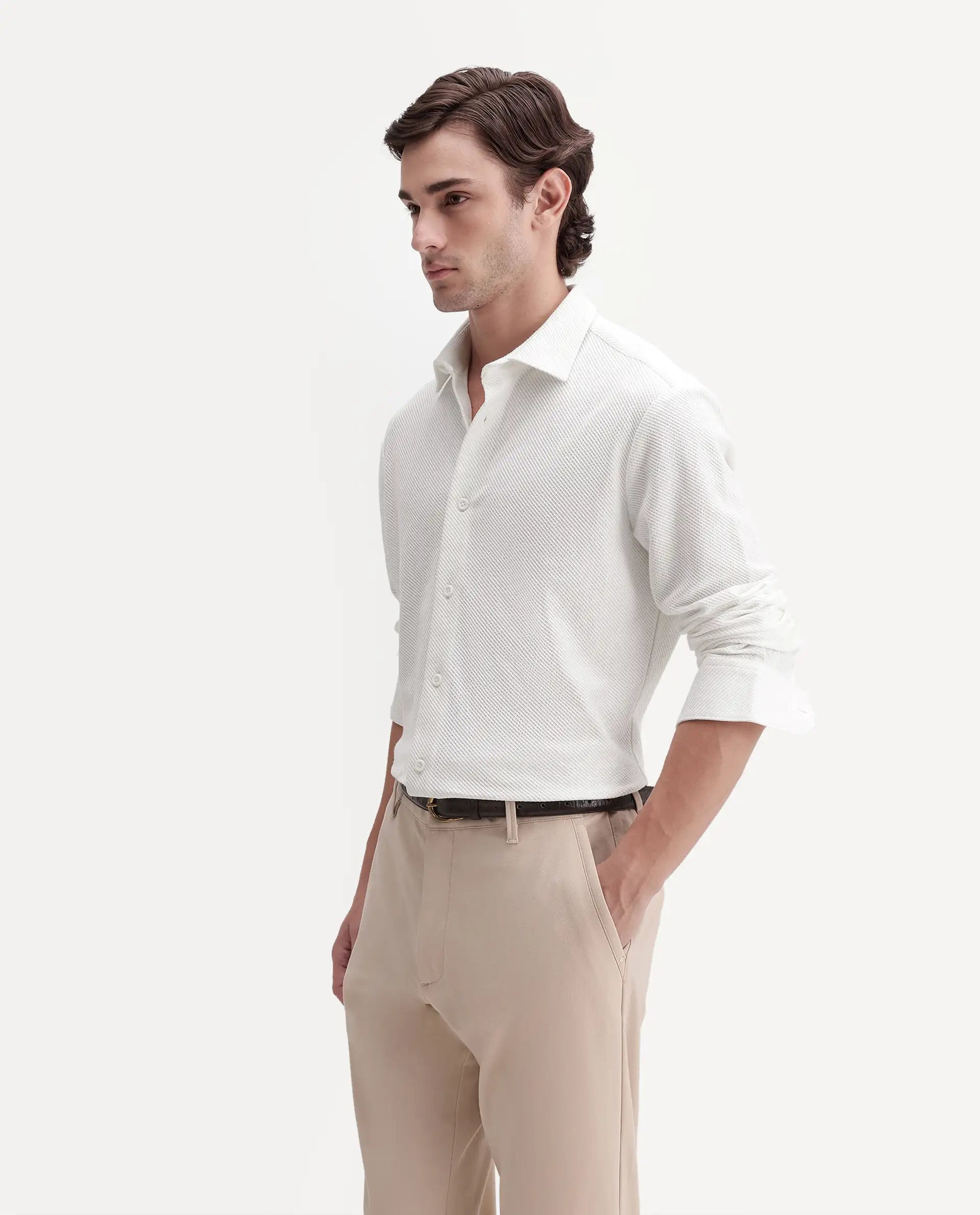 Rare Rabbit Men's Elk White Cotton Button Regular Fit Jcaquard Shirt