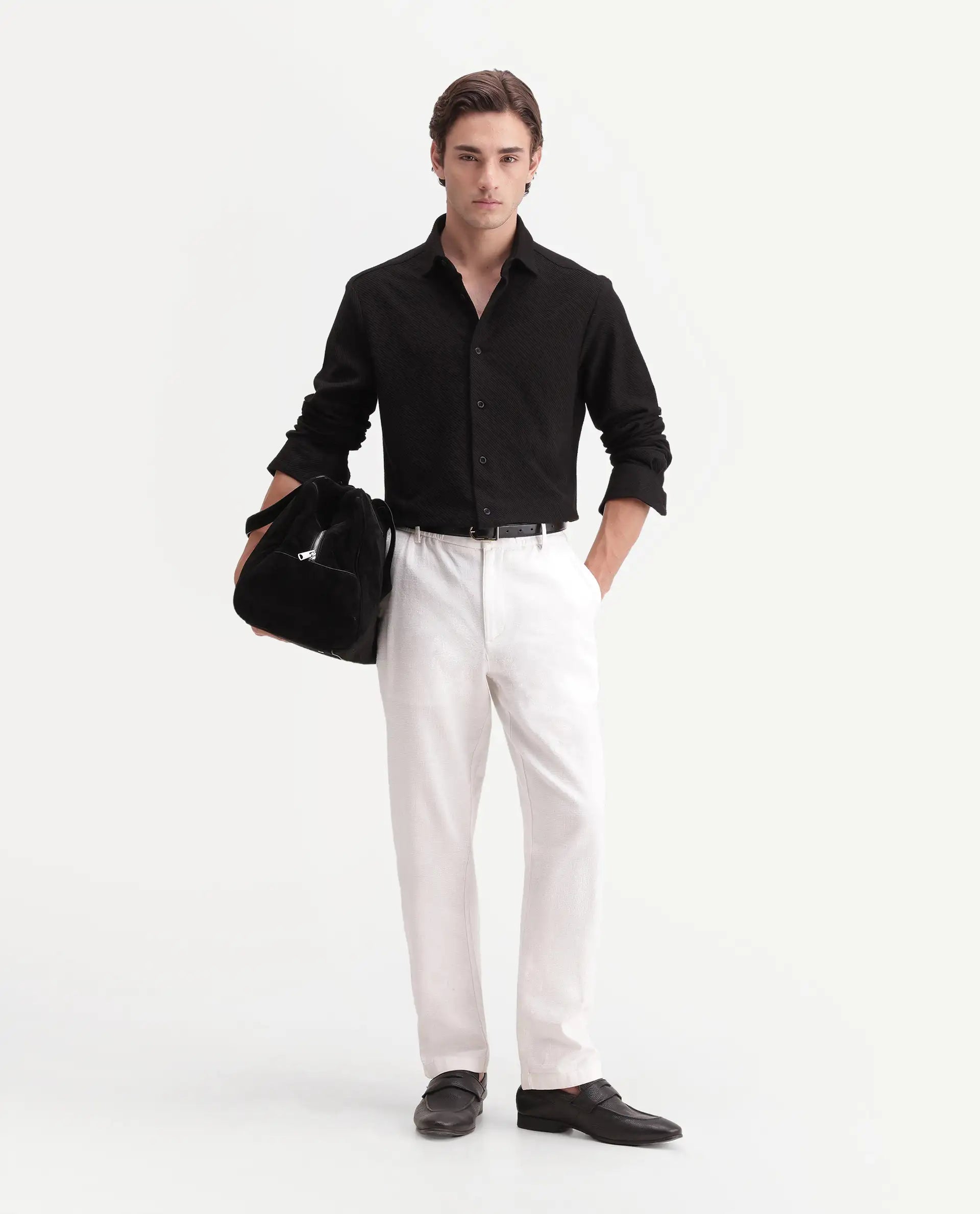 Rare Rabbit Men's Elk Black Cotton Button Regular Fit Jcaquard Shirt