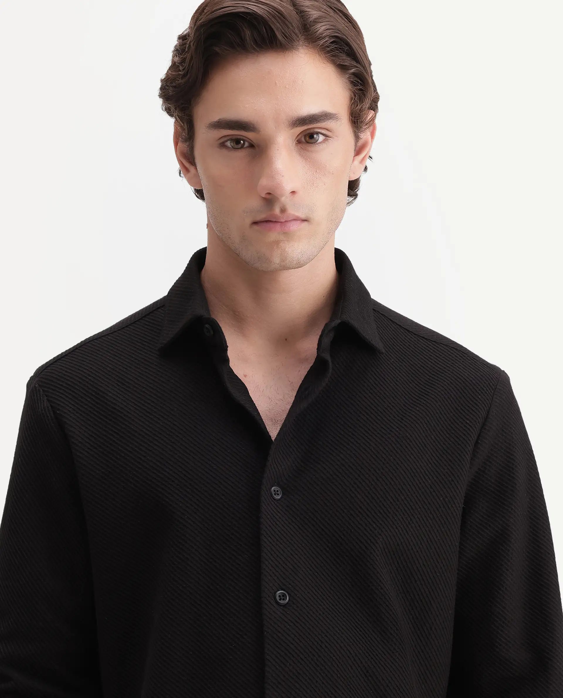 Rare Rabbit Men's Elk Black Cotton Button Regular Fit Jcaquard Shirt