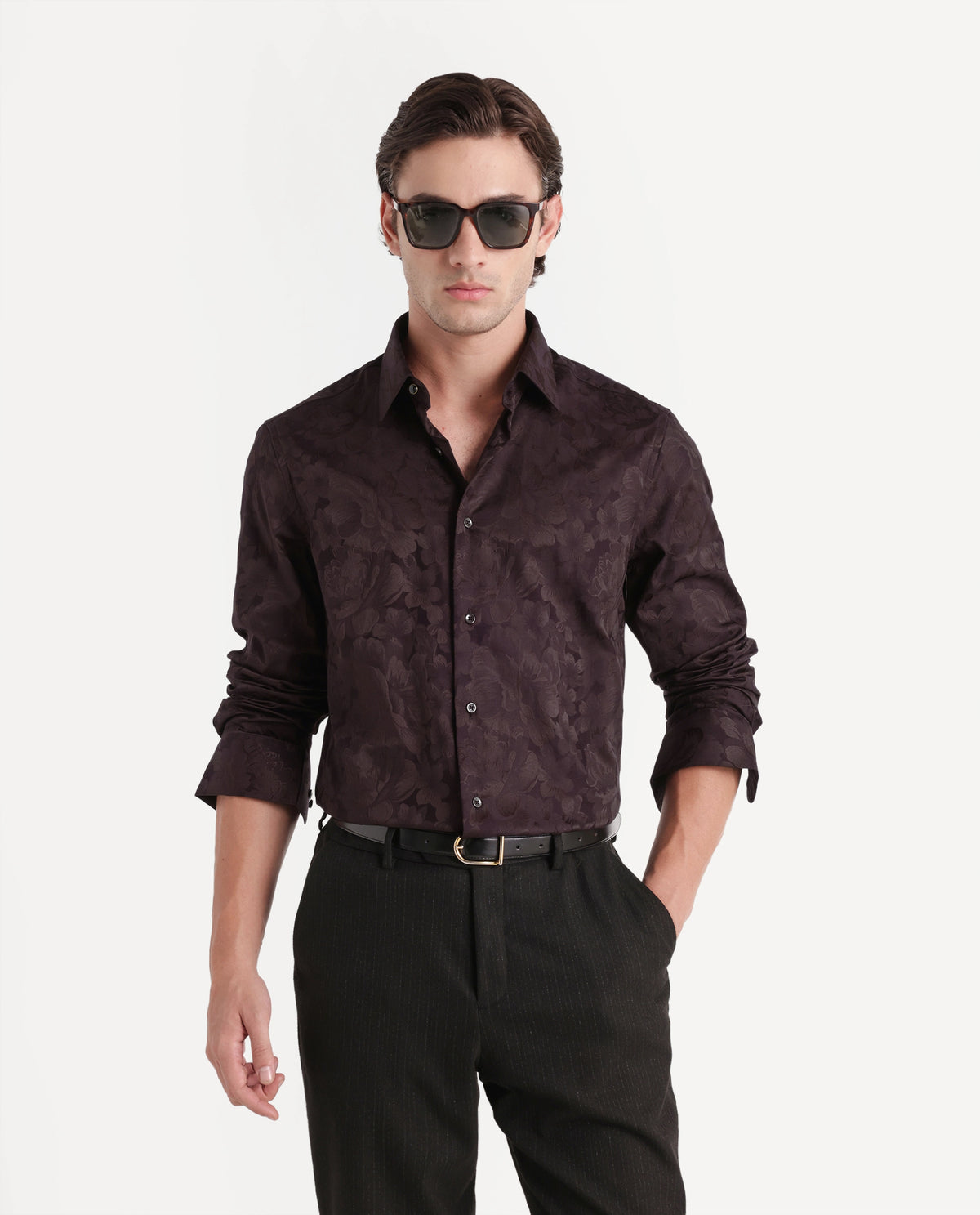Rare Rabbit Men's Kit Brown Polyester Blend Button Regular Fit Polyester Blend Jacquard Shirt