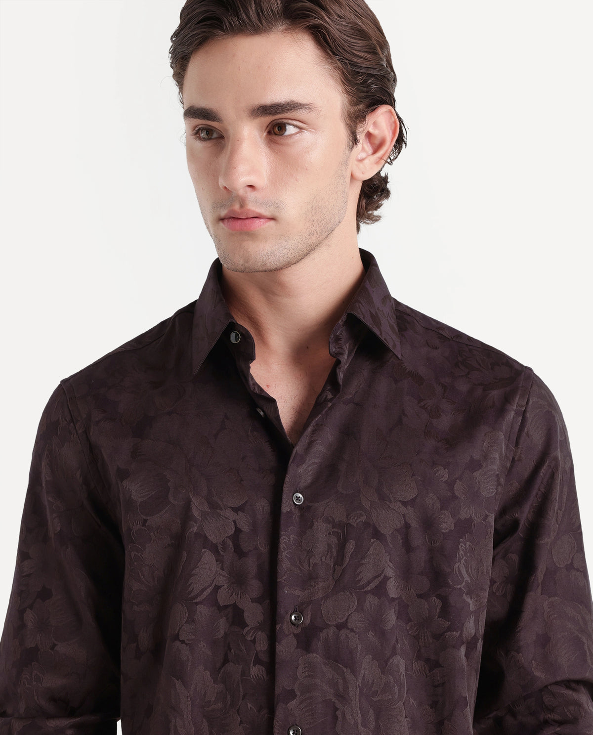 Rare Rabbit Men's Kit Brown Polyester Blend Button Regular Fit Polyester Blend Jacquard Shirt