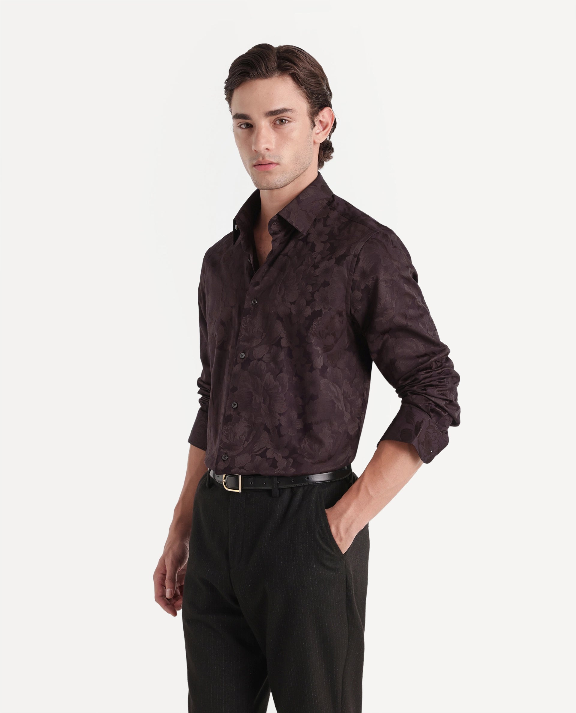 Rare Rabbit Men's Kit Brown Polyester Blend Button Regular Fit Polyester Blend Jacquard Shirt