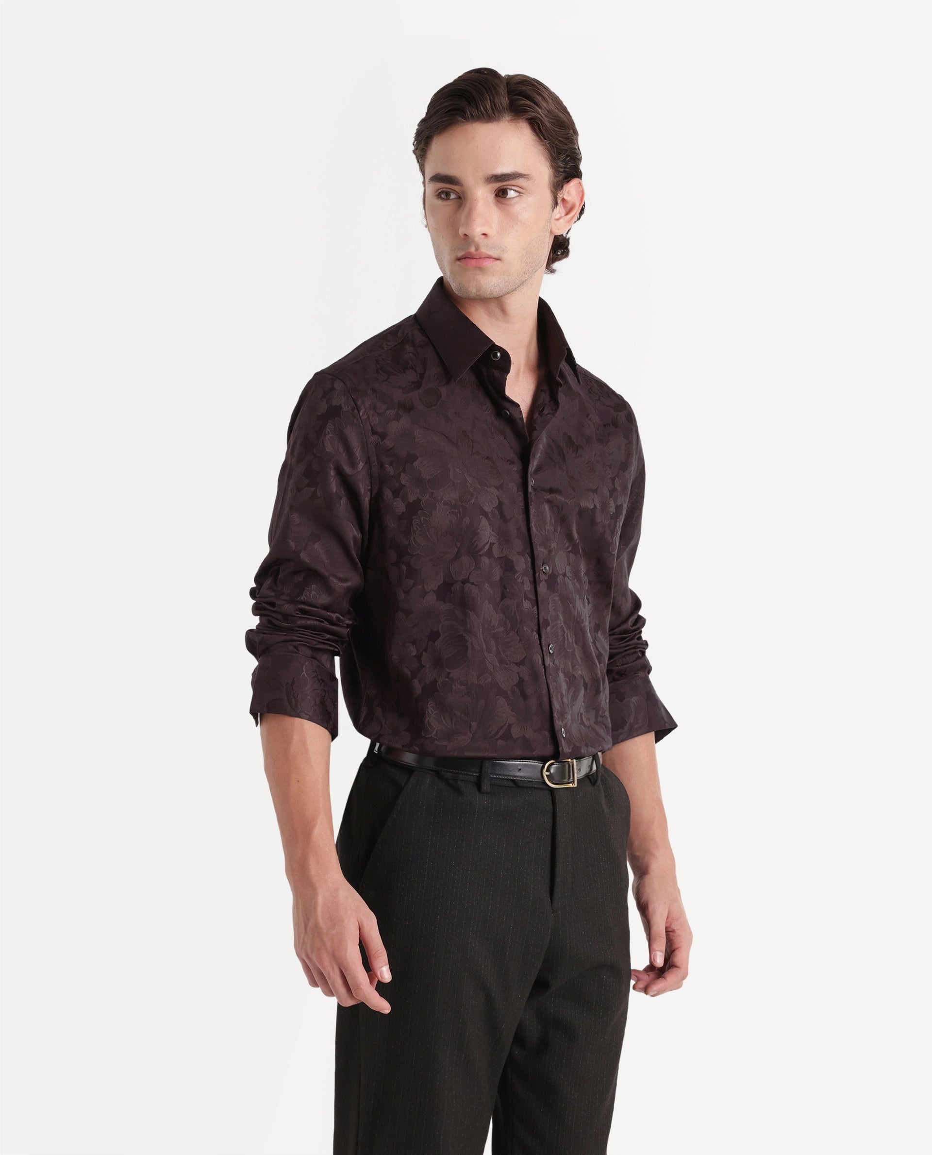 Rare Rabbit Men's Kit Brown Polyester Blend Button Regular Fit Polyester Blend Jacquard Shirt