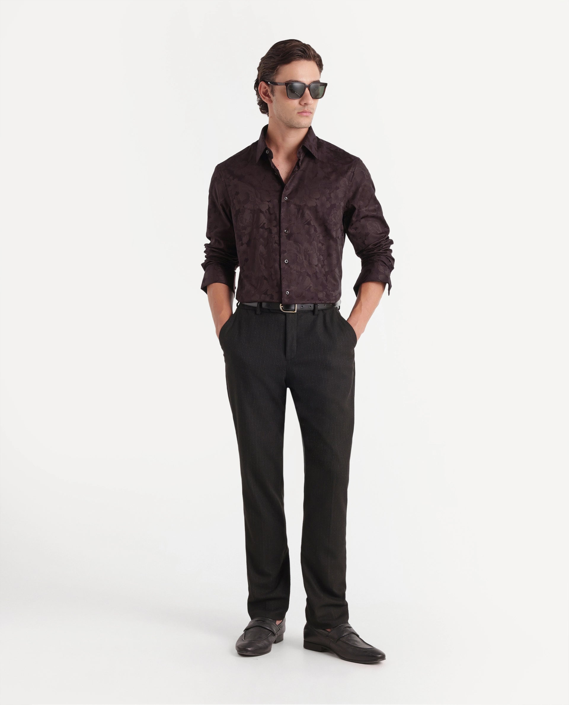 Rare Rabbit Men's Kit Brown Polyester Blend Button Regular Fit Polyester Blend Jacquard Shirt