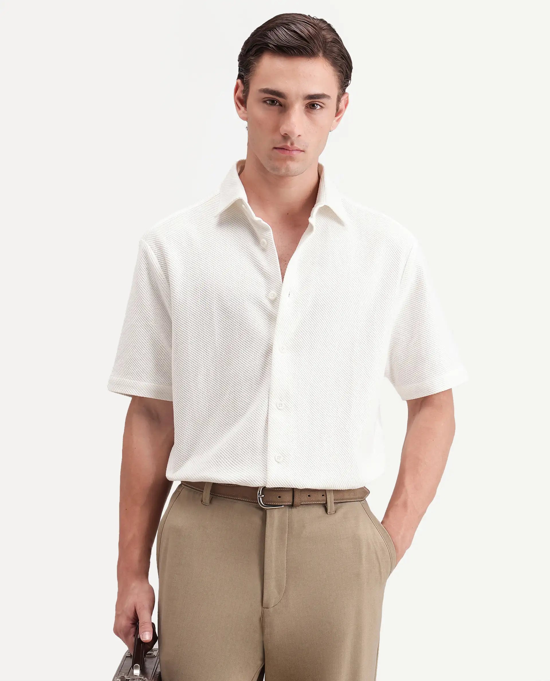 Rare Rabbit Men's Ester White Cotton Button Relaxed Fit Jacquard Shirt
