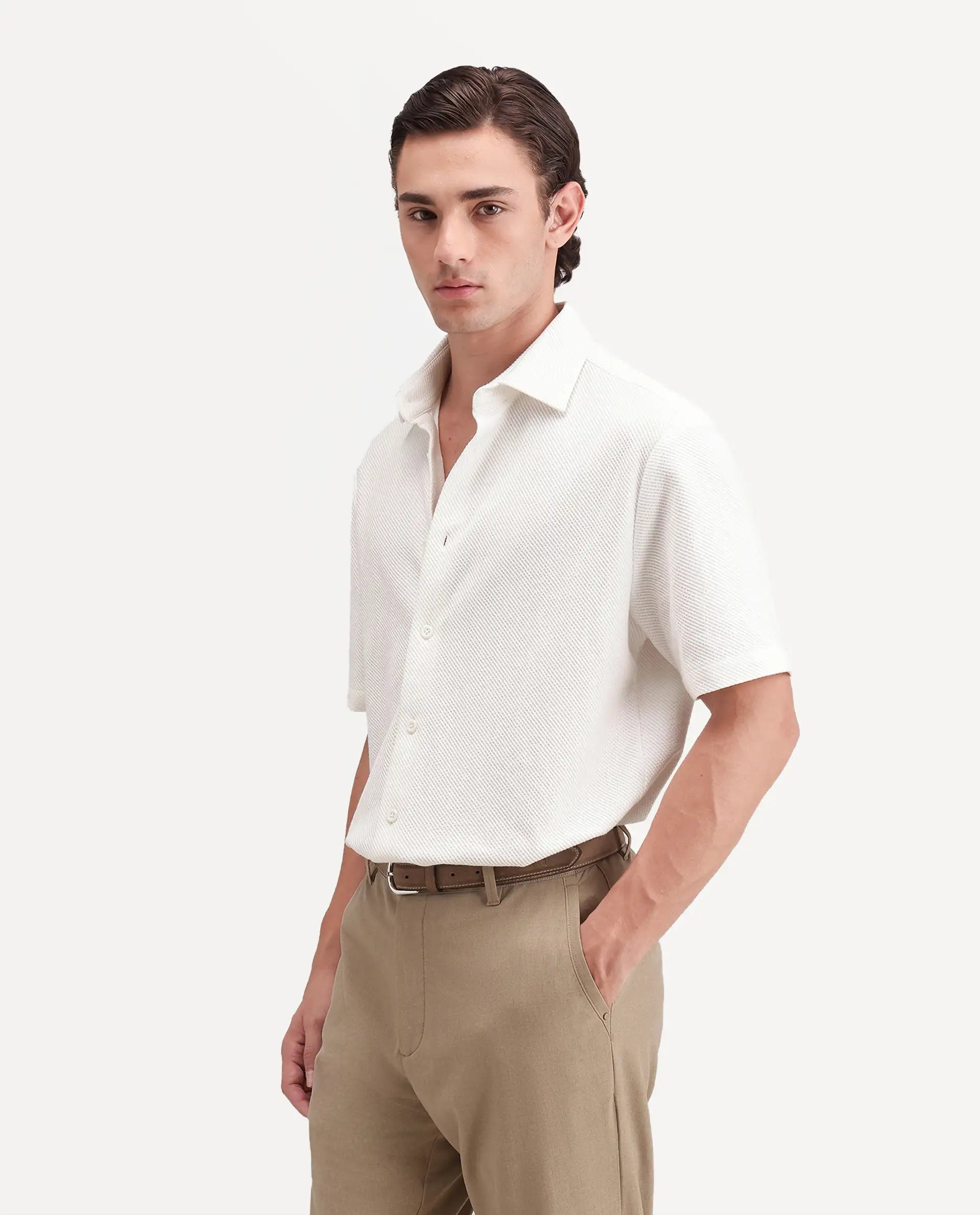Rare Rabbit Men's Ester White Cotton Button Relaxed Fit Jacquard Shirt
