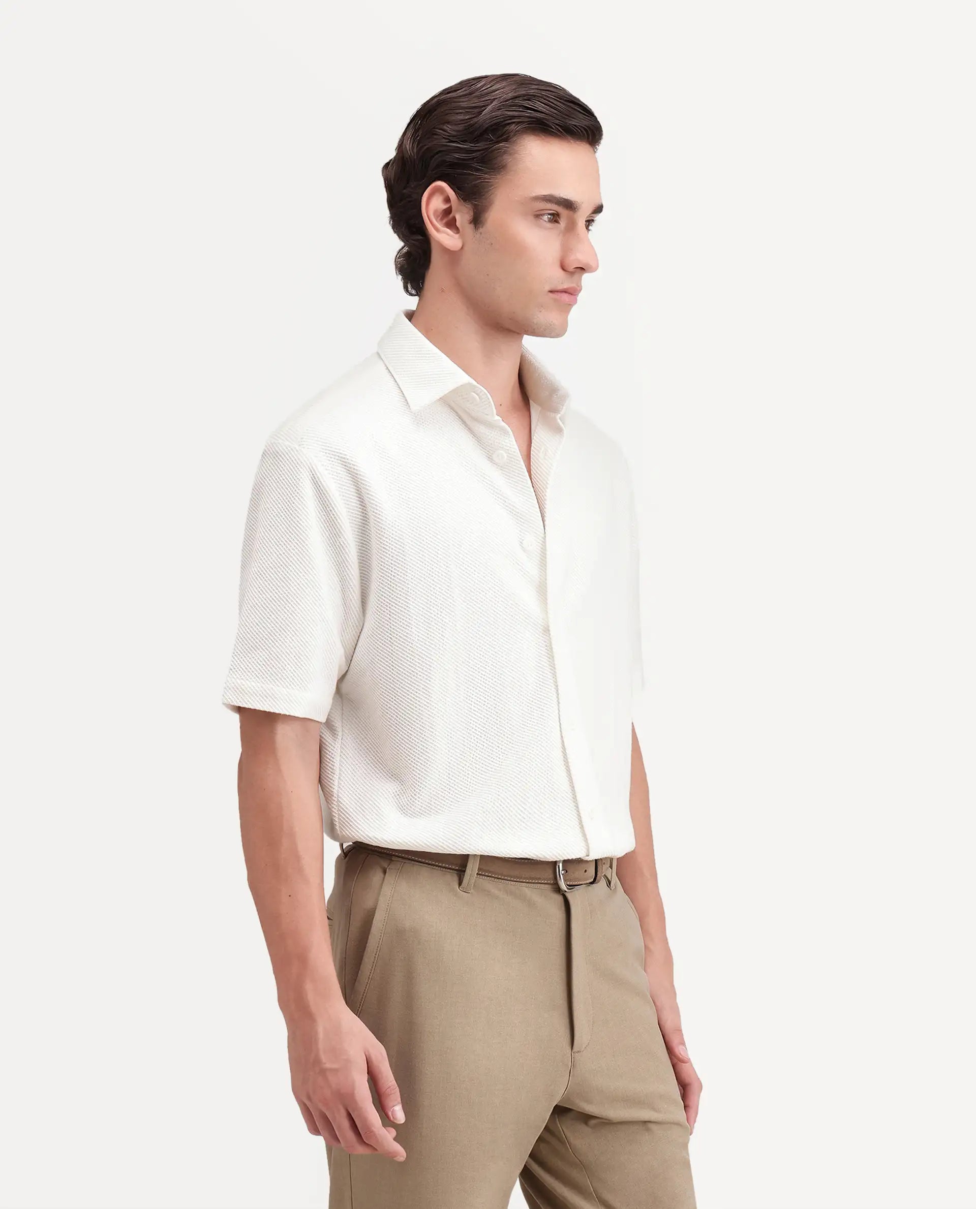 Rare Rabbit Men's Ester White Cotton Button Relaxed Fit Jacquard Shirt