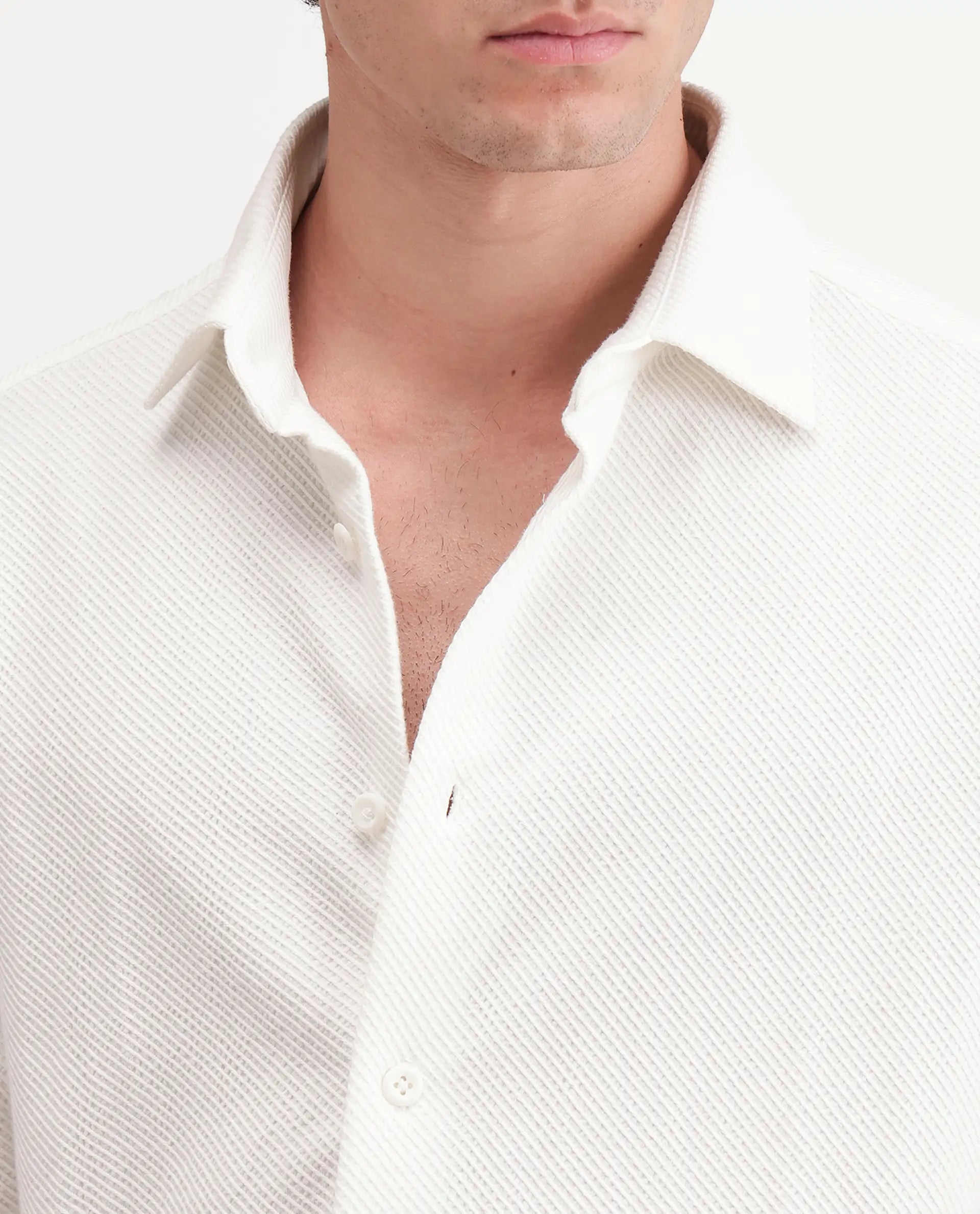 Rare Rabbit Men's Ester White Cotton Button Relaxed Fit Jacquard Shirt