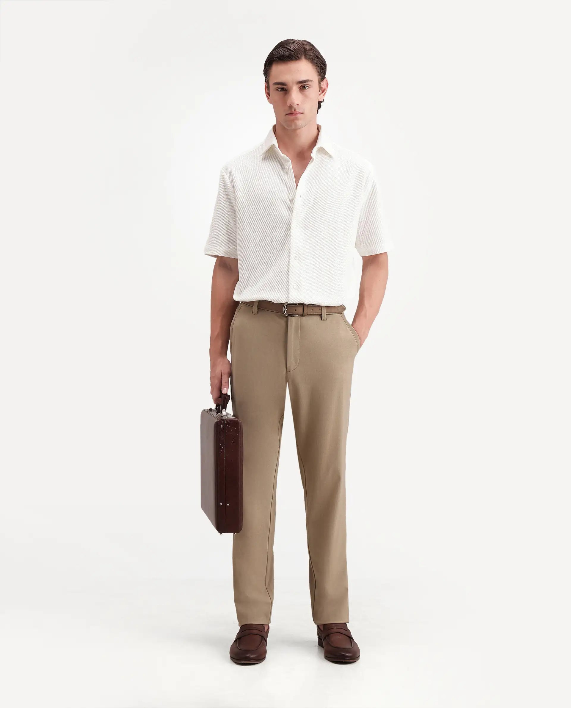 Rare Rabbit Men's Ester White Cotton Button Relaxed Fit Jacquard Shirt