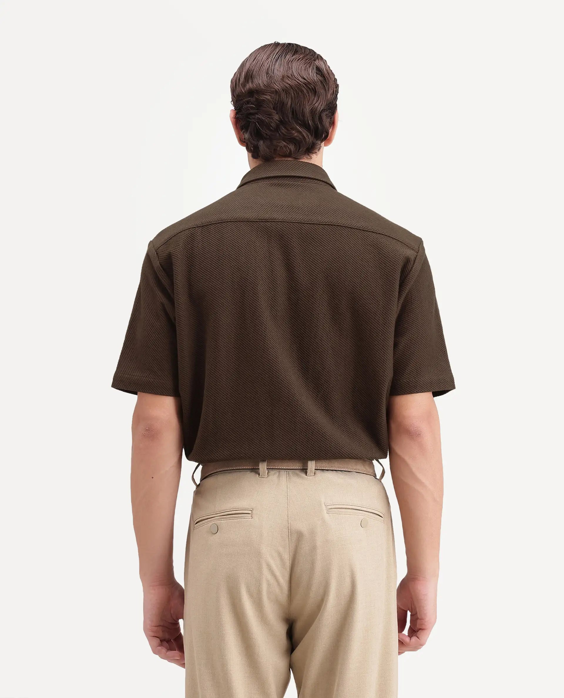 Rare Rabbit Men's Ester Dark Brown Cotton Button Relaxed Fit Jacquard Shirt