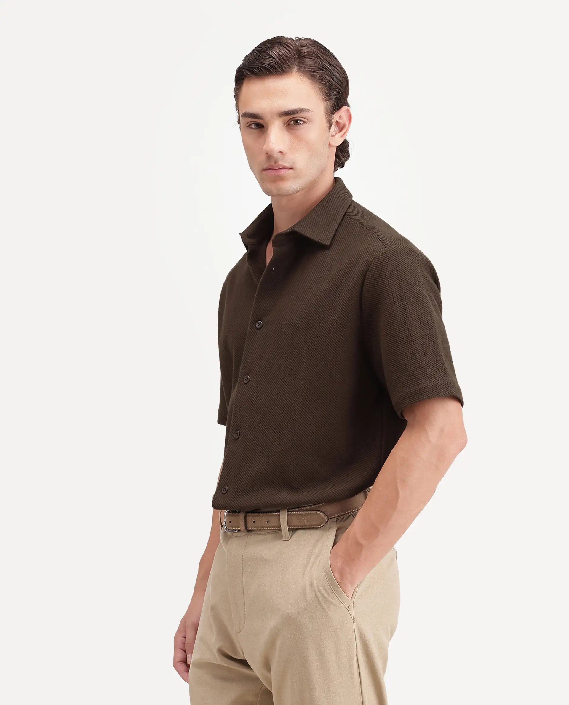 Rare Rabbit Men's Ester Dark Brown Cotton Button Relaxed Fit Jacquard Shirt