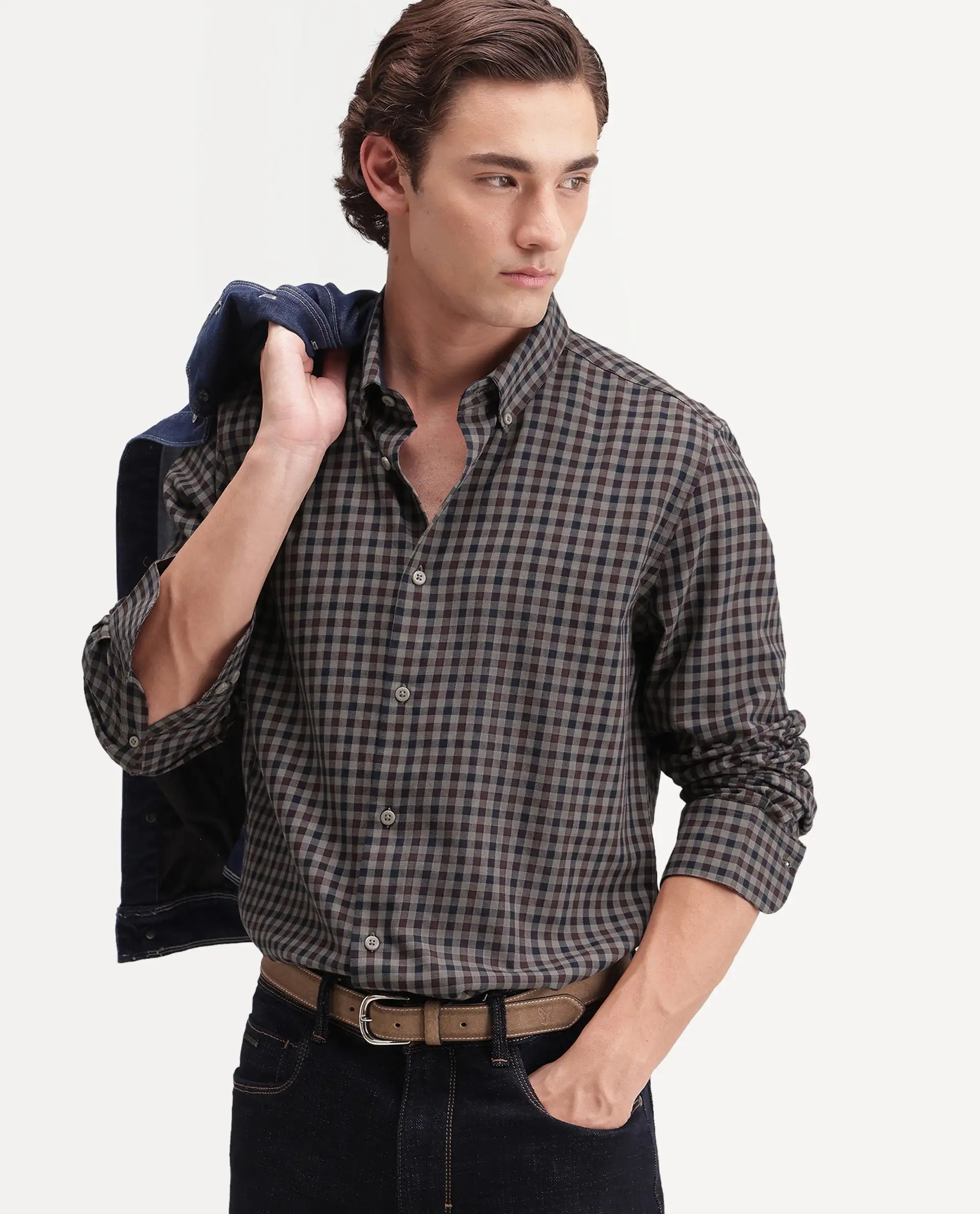 Rare Rabbit Men's Zedd Beige Cotton Blend Button Regular Fit Checked Shirt