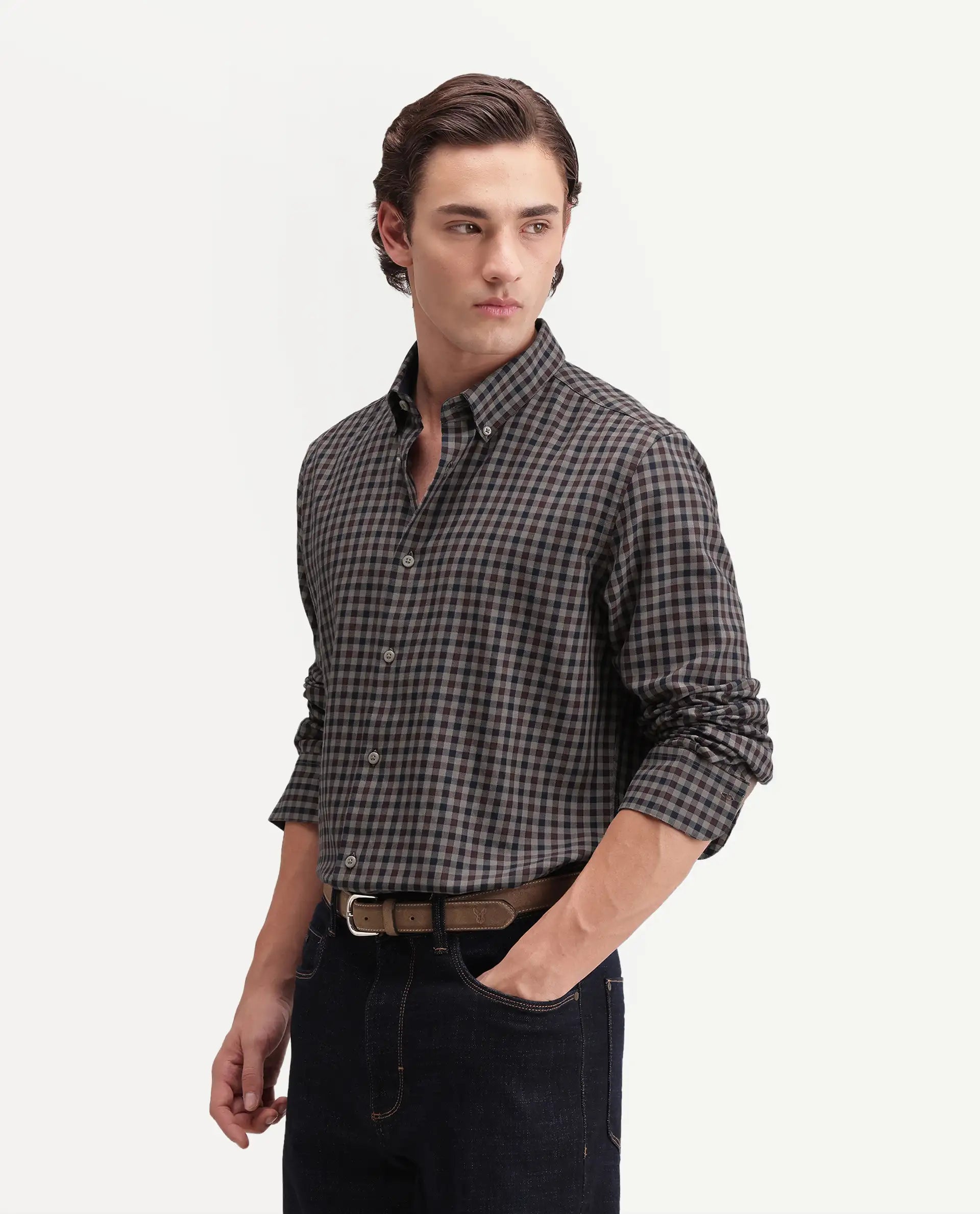 Rare Rabbit Men's Zedd Beige Cotton Blend Button Regular Fit Checked Shirt