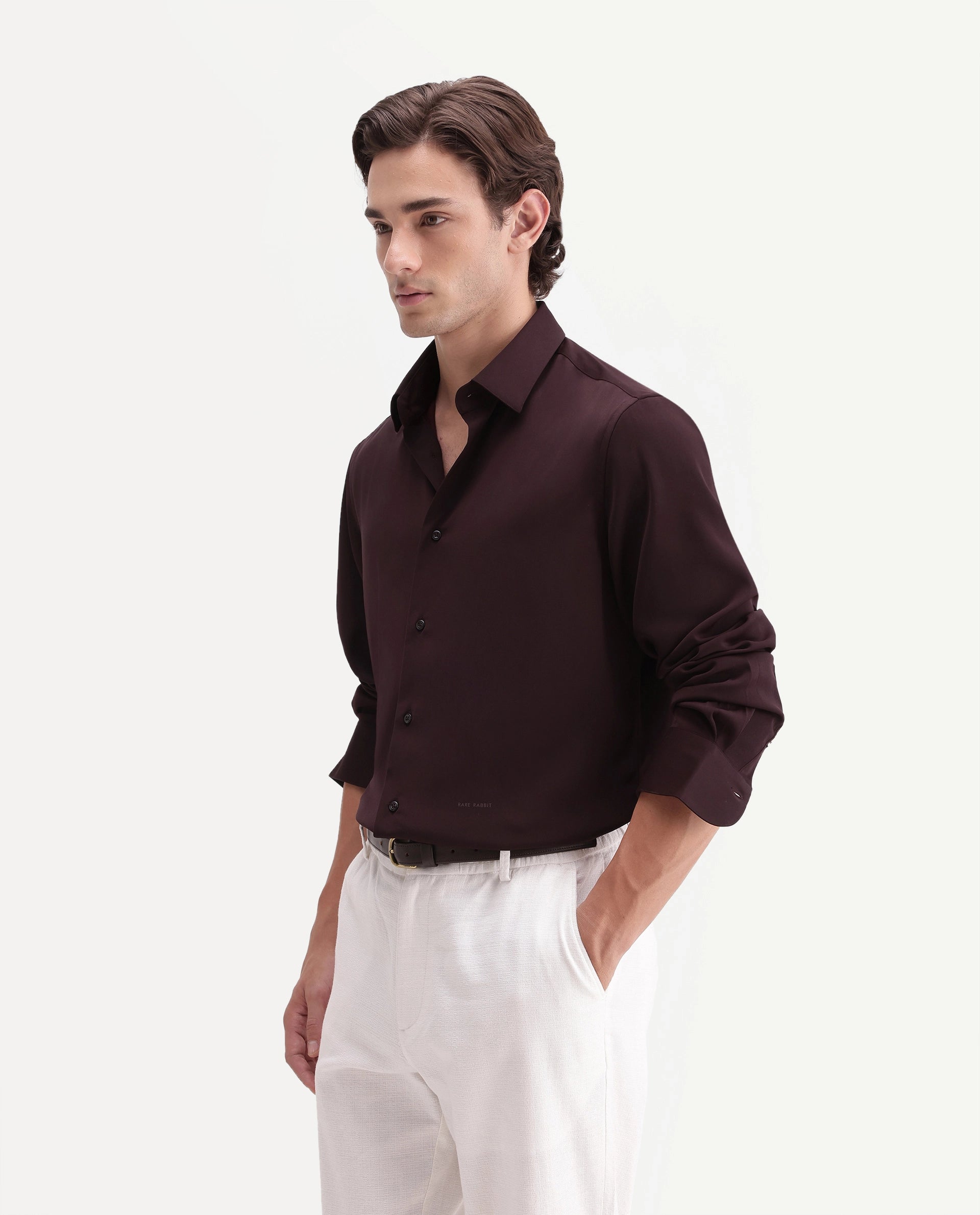 Rare Rabbit Men's Tyla Maroon Polyester Blend Button Regular Fit Plain Shirt
